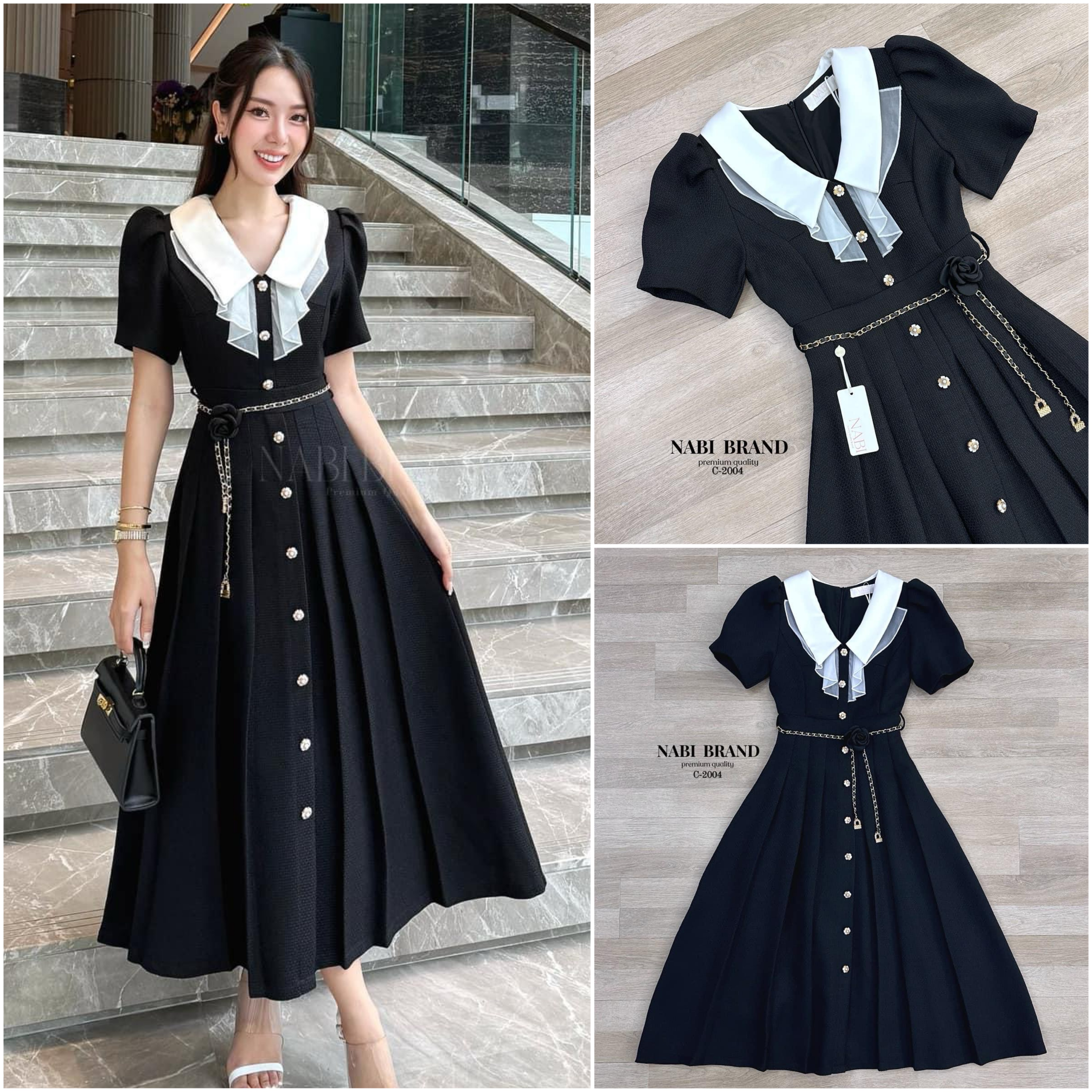 เดรสกระโปรงยาวสีดำแขนสั้น คอปกสีขาว แต่งกระดุมมุกด้านหน้า มาคู่กับเข็มขัดดอกไม้ ใส่สบาย : สินค้าคุณภาพ (พร้อมส่ง)