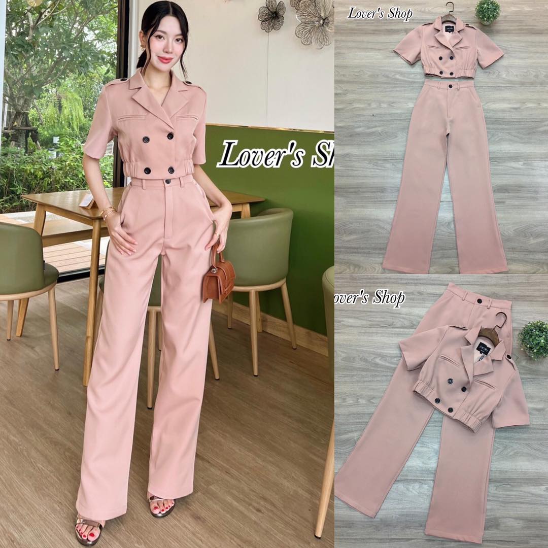 ชุดเซ็ทเสื้อทรงสูทแขนสั้น กระดุมหน้า มาพร้อมกางเกงเอวสูงทรงสวย สินค้าคุณภาพ (พร้อมส่ง)