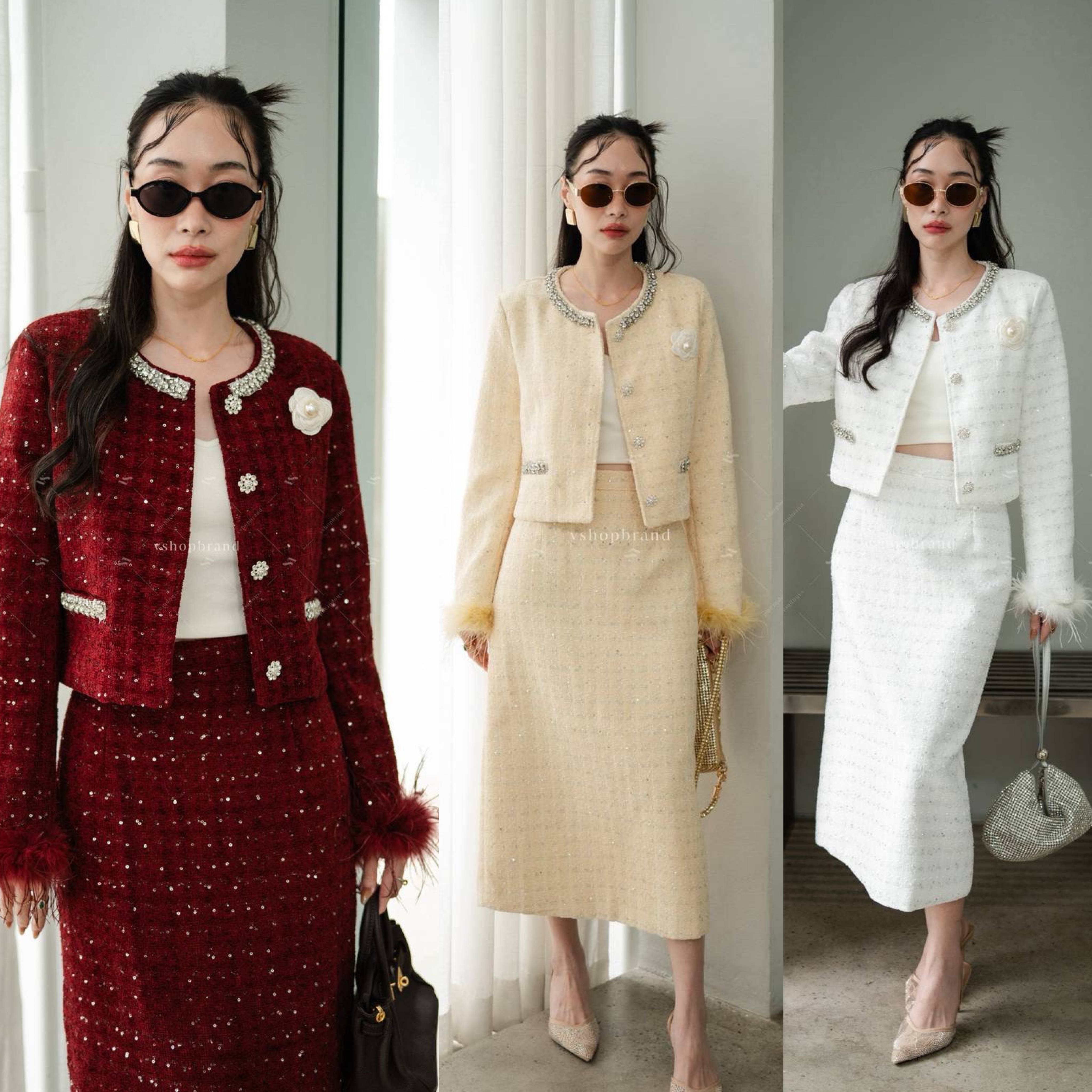 Set เสื้อผ้าทวิตทอเลื่อม + กระโปรงยาว ผ่าหลัง + ขนนก + เข็มกลัด ใส่สบาย : สินค้าคุณภาพ (พร้อมส่ง)