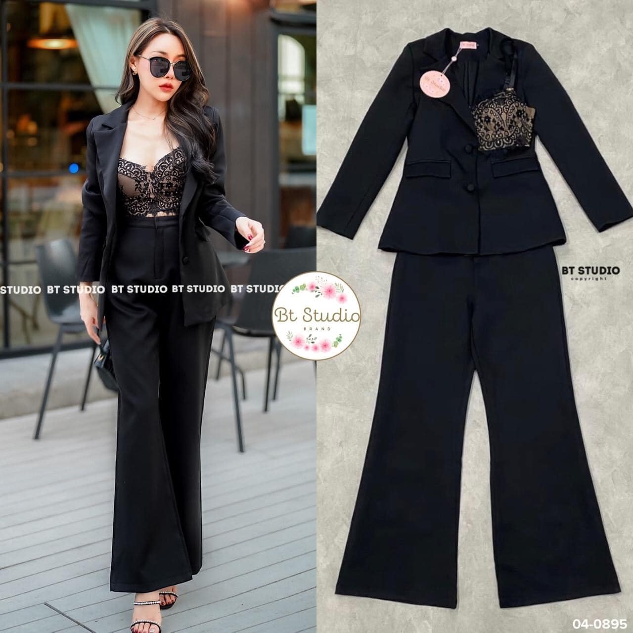 เซท 3 ชิ้น เสื้อเบเซอร์แขนยาวคอปก ปลายแขนแต่งกระดุมทั้งสองข้าง แมทซ์กับเสื้อ บราสั้นซิปหลัง ช่วงอกเสริมฟองน้ำ สายปรับได้ แมทซ์กับกางเกงขายาวเอวสูง : สินค้าคุณภาพ (พร้อมส่ง)