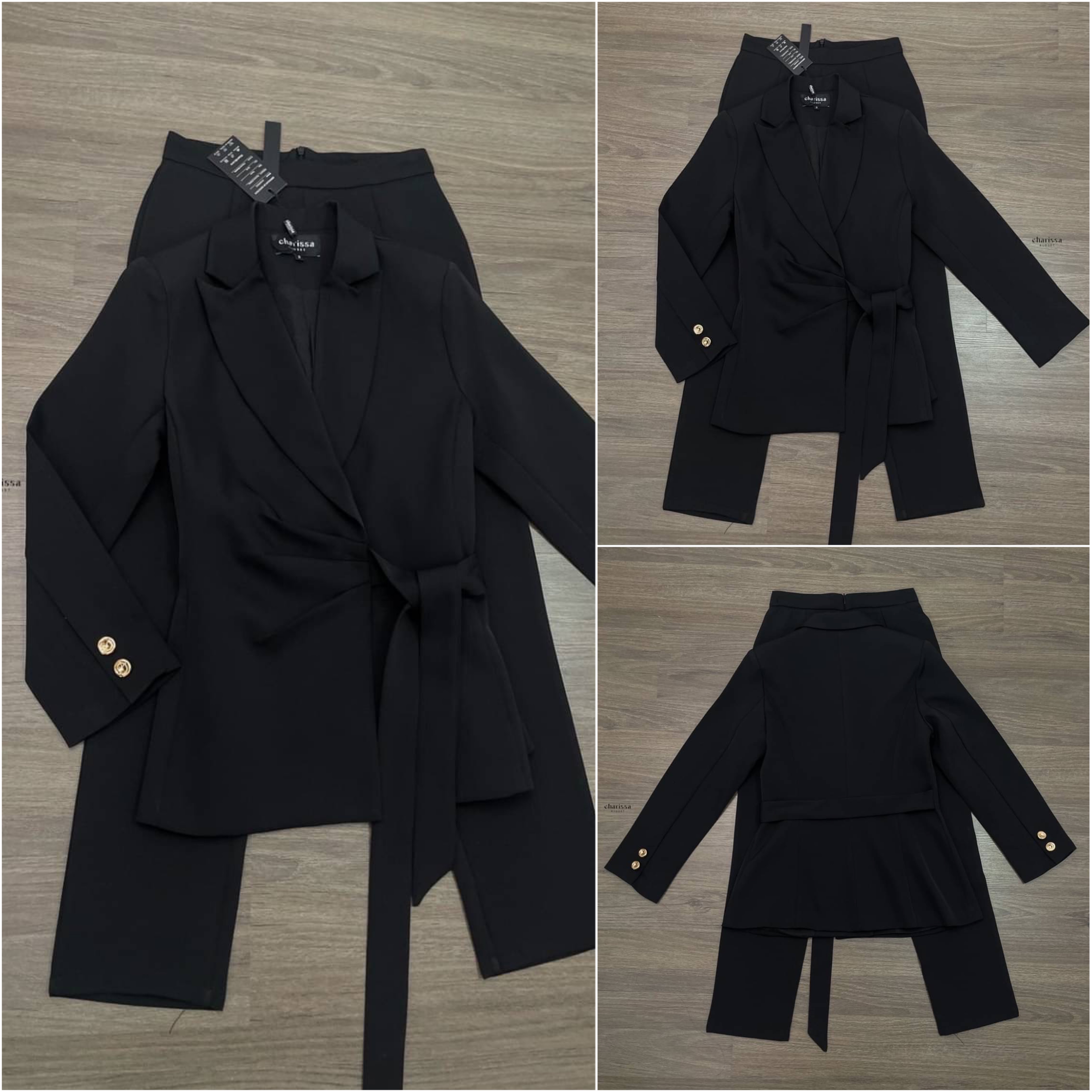 Set suit 2 ชิ้น เสื้อสูททรงยาวเข้ารูป แต่งจับจีบดูผอมเพรียม มีเสริมบ่าบางๆ กับสายผูกเอวเย็บติดด้านหน้า พร้อมกางเกงเป็นทรง9 ส่วน สินค้าคุณภาพ (พร้อมส่ง)