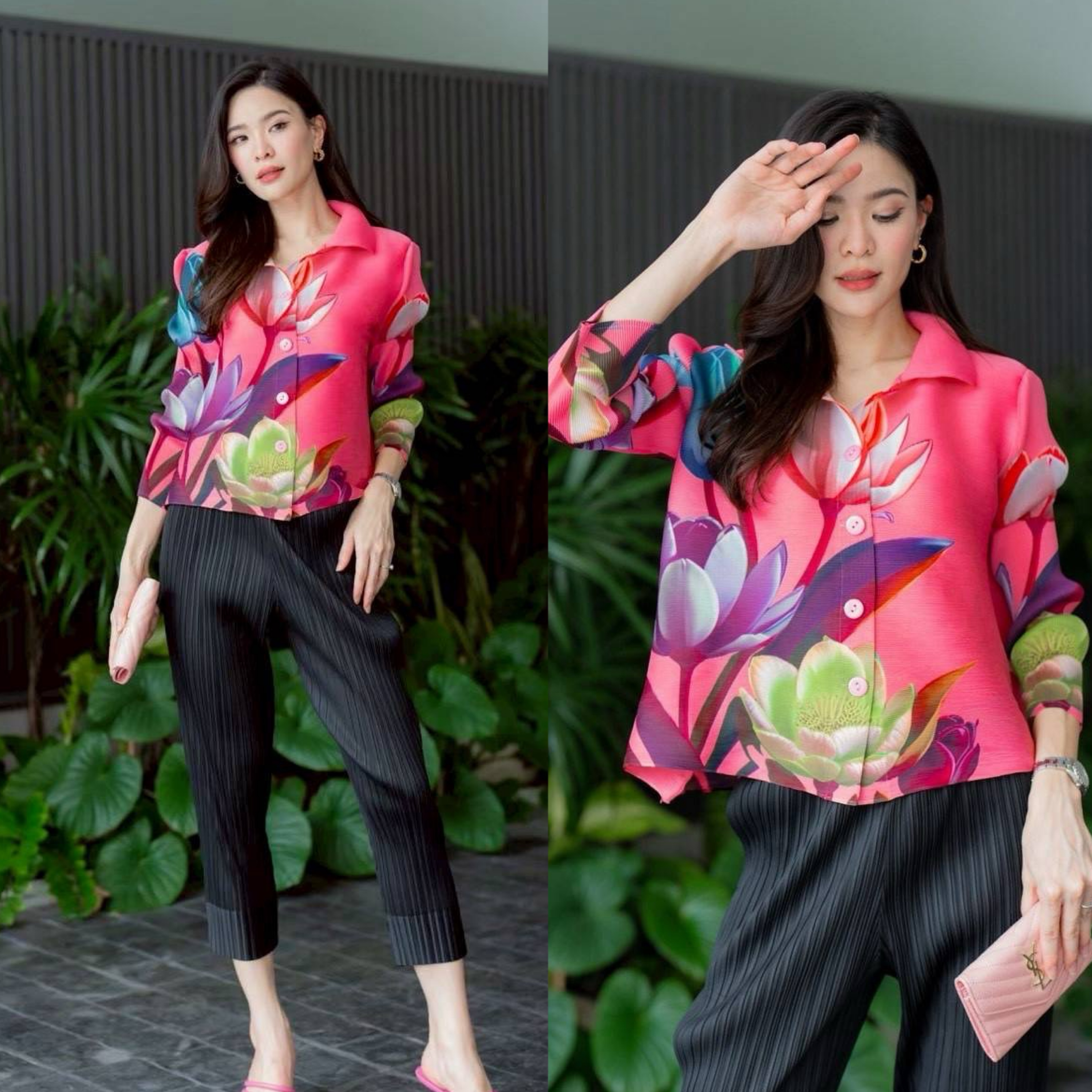 เสื้อคอจีน พิมพ์ลายดอกไม้สวยๆ เพิ่มดีเทลความเริ่ด 🍂🌻🌸🌷 ด้วยแพตเทิร์น แขนยาว พิมพ์ลายรอบตัว และช่วงแขน สีสดใส เริ่ดๆ งานอัดพลีทแน่น ใส่สบาย : สินค้าคุณภาพ (พร้อมส่ง)