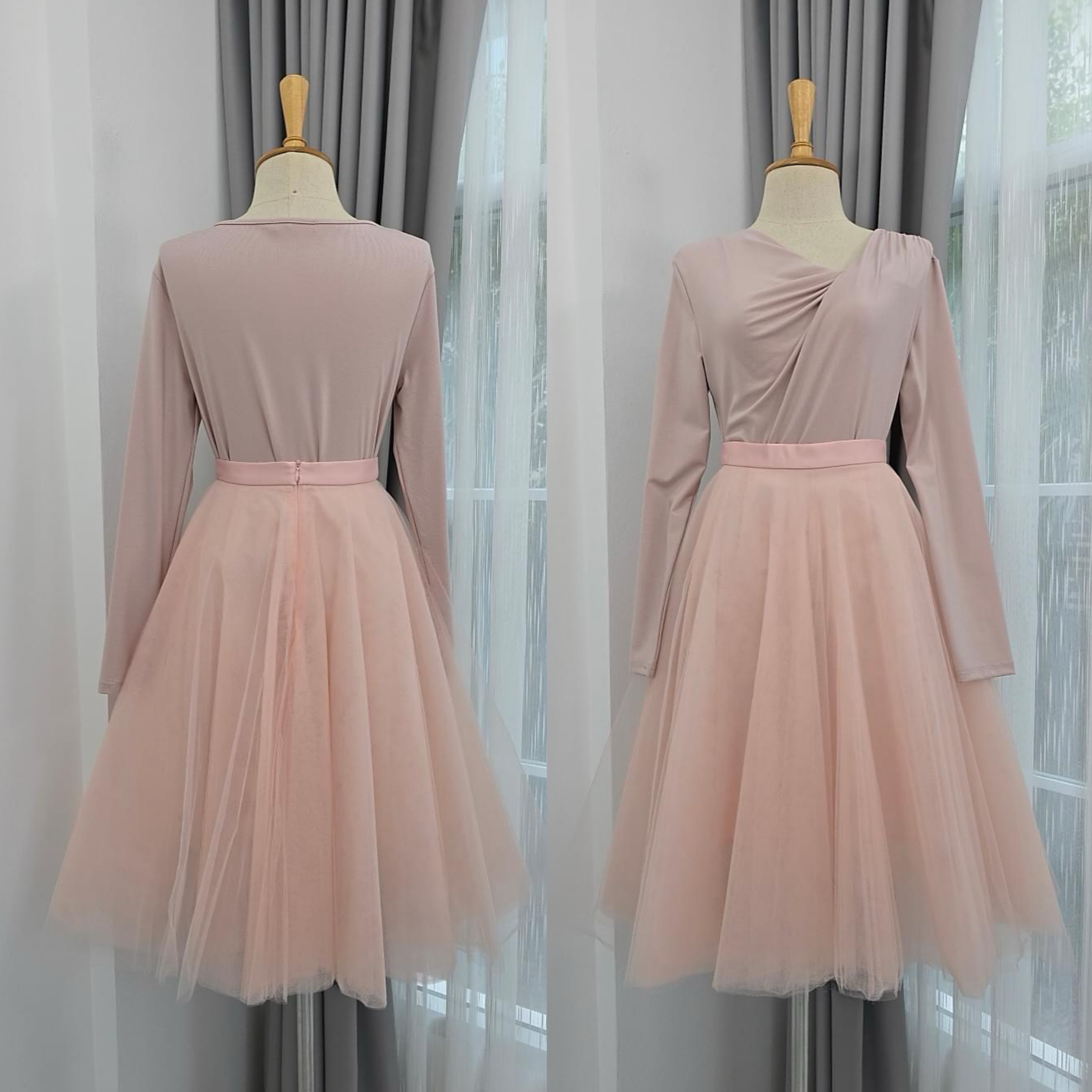 เขตเสื้อคอกว้างแขนยาว ลูกเล่นทวิสต์ที่คอเสื้อ ทรงเข้ารูปเล็กน้อย+ กระโปรงบานทรงวงกลม ใส่สบาย : สินค้าคุณภาพ (พร้อมส่ง)