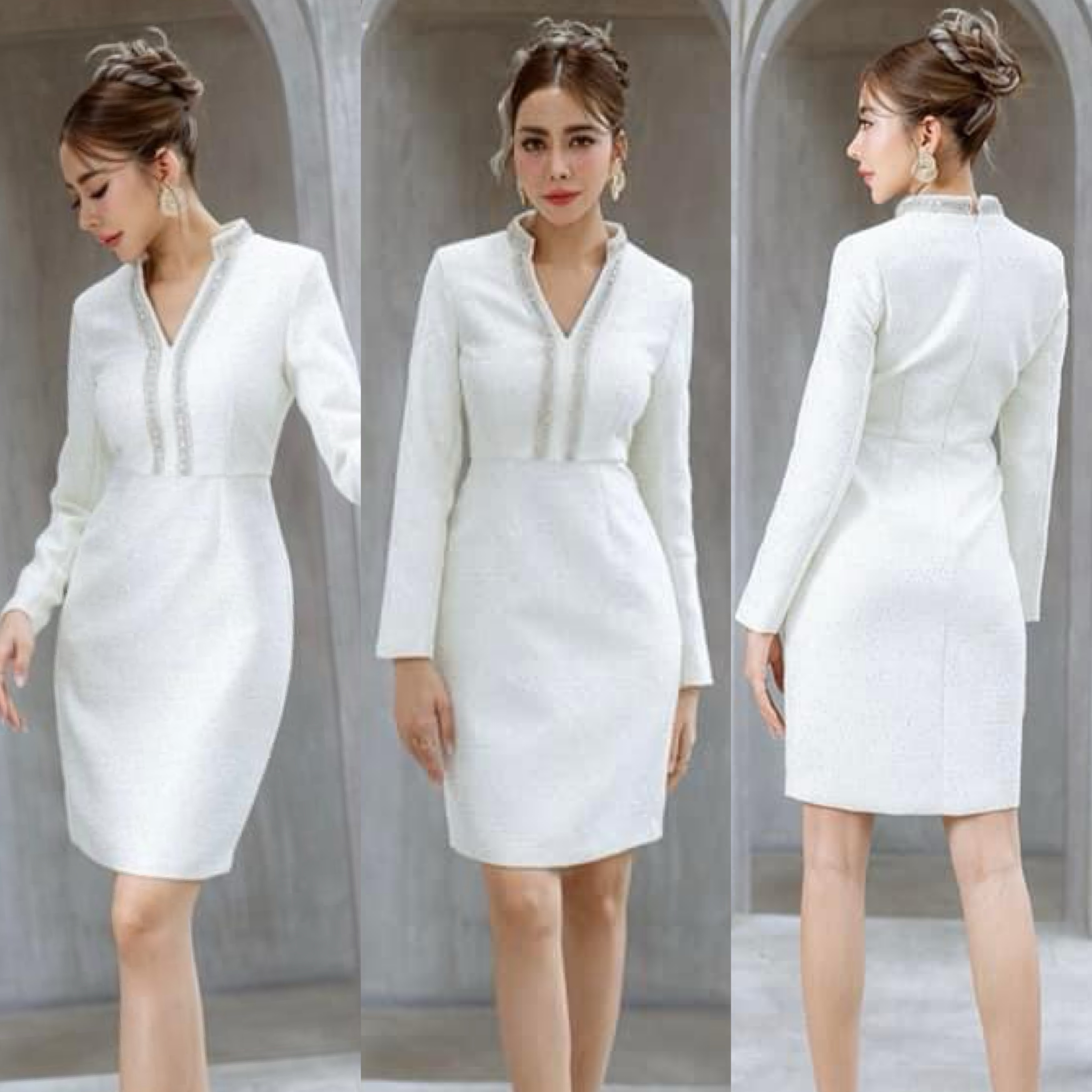 เดรสผ้าทวิต ปักเลื่อมที่เนื้อผ้าทั้งตัว ตัวชุดเป็นทรงเข้ารูป แขน ยาว กระโปรงทรงสอบ ใส่สบาย สินค้าคุณภาพ (พร้อมส่ง)