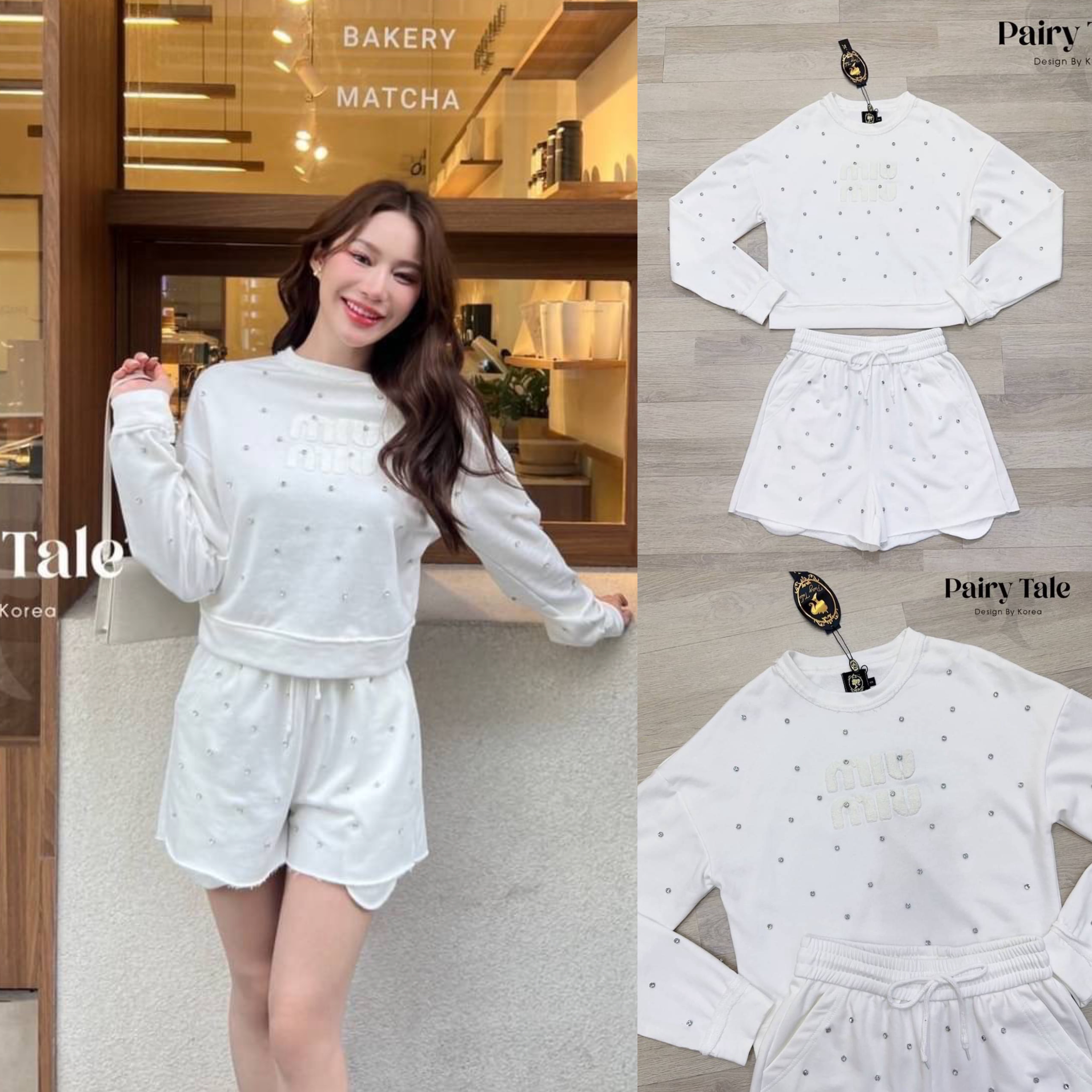Set เสื้อหนาวแขนยาว แมตกางเกง ขาสั้น ผ้าวอมสีขาวติดเพชรทั้งชุด ติดแบรนด์ Miumiu ขนๆ งานสวยมาก สินค้าคุณภาพ (พร้อมส่ง)