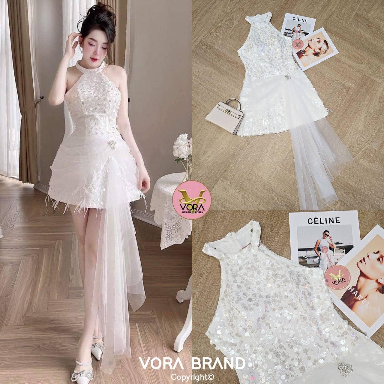 Dress สั้น แขนกุดคล้องคอ เนื้อผ้าแต่งปักเลื่อมทั้งชุด อกมีฟองน้ำจัดทรงให้ค่ะ เอวเข้ารูป ช่วงกระโปรงแต่งผ้ามุ้งตาข่ายจับจีบชายผ้ายาว ชายกระโปรงแต่งจับช่อขนนก ใส่สบาย : สินค้าคุณภาพ (พร้อมส่ง)