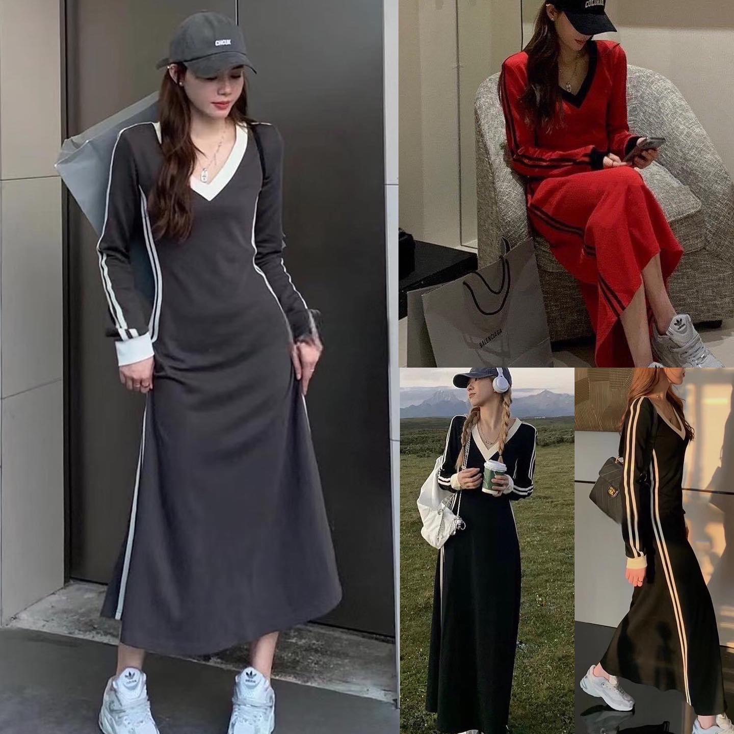 เดรสแขนยาวคอวี บ่าเสริมฟองน้ำ แต่งแถบข้าง ใส่สวยดูดีสไตล์koreaเลยค่า เนื้อผ้าดีมากใส่สบายสุดๆ สินค้าคุณภาพ (พร้อมส่ง)