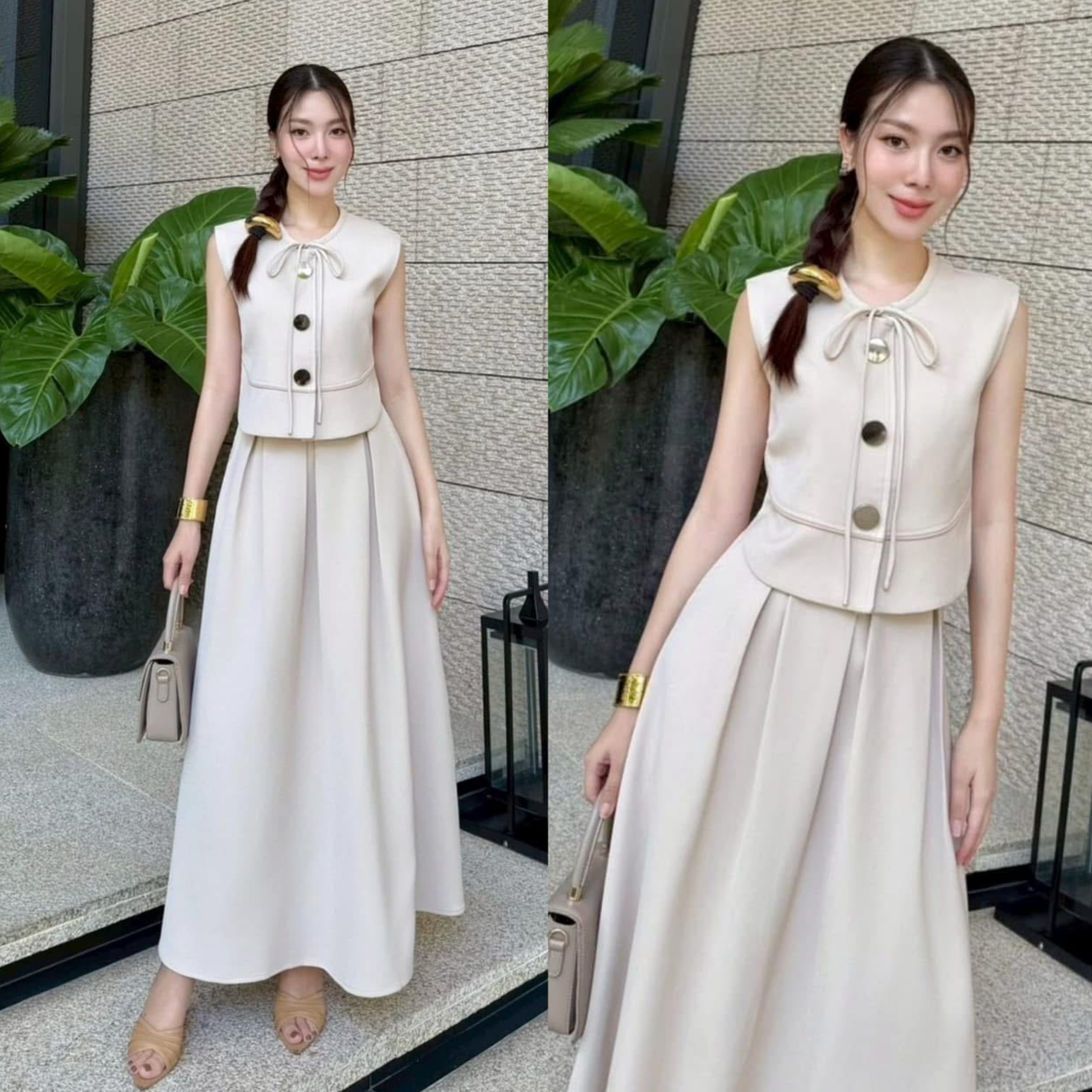 เซตเสื้อดีไซน์สวยแต่งกระดุมแมทช์ กับกระโปรงทรงชิคให้ลุคสวยน่ารัก ใส่สบาย : สินค้าคุณภาพ (พร้อมส่ง)