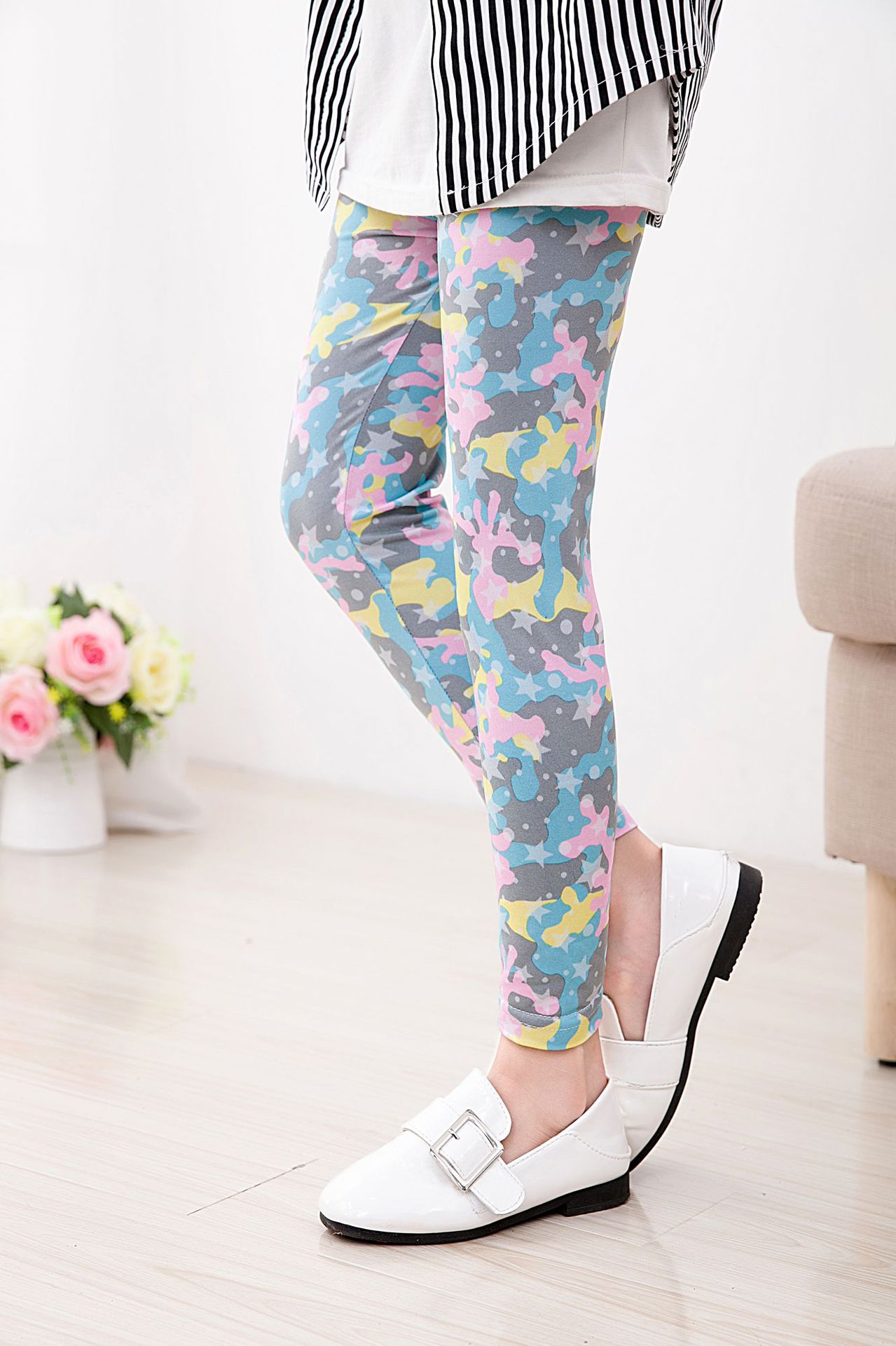 กางเกงเลคกิ้งเด็กหญิง ลายดาวหวานๆ ผ้าเบา นิ่มเด้ง ใส่สบาย (มีขนาดเด็กสูง 80-100 ซม.)