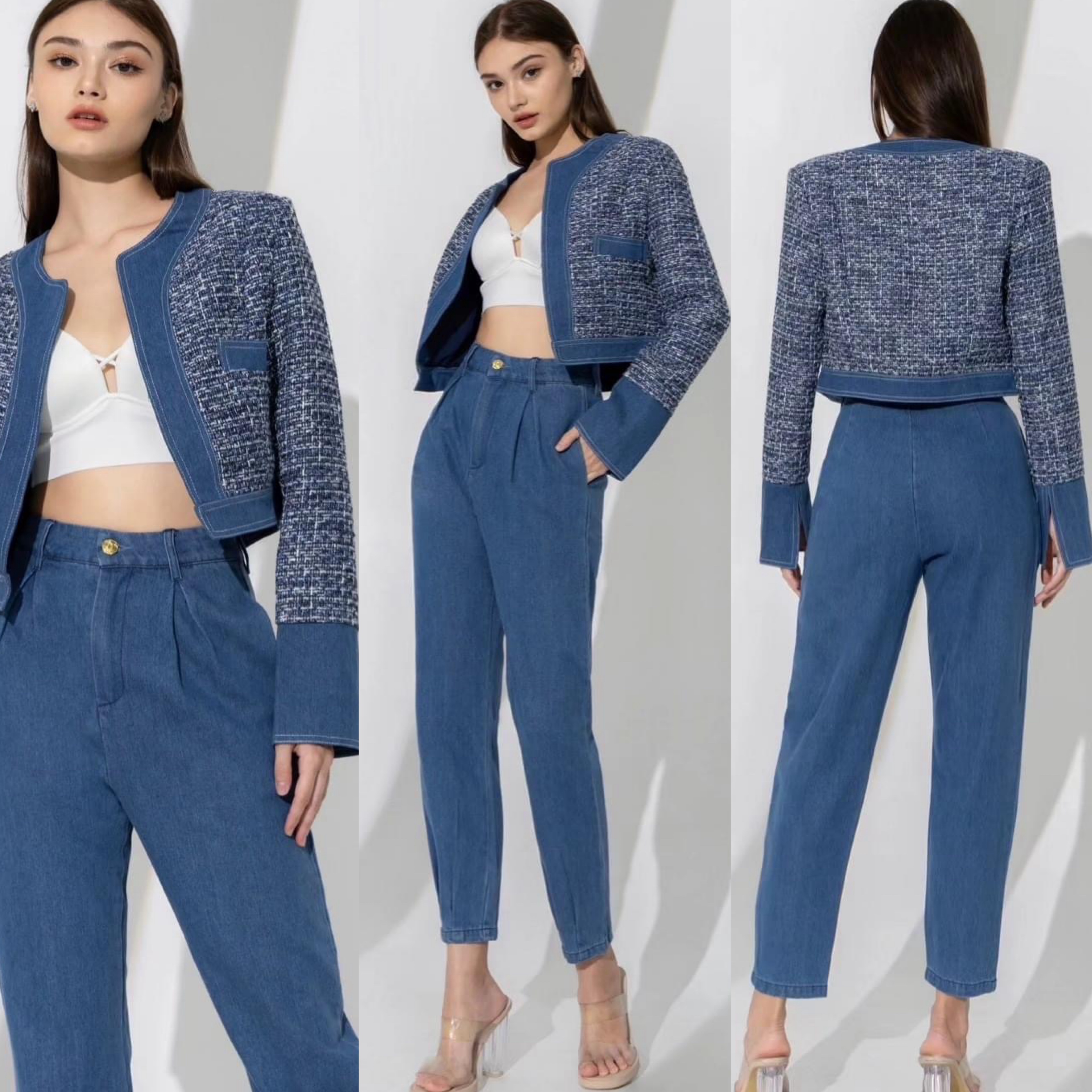 เซตแจ็คเก็ตทวิตแต่งขอบยีนส์+กางเกงขายาวทรงสวย เนื้อผ้าทวิตเกรดเอ ตัวแจ็คเก็ตเป็นทรงใส่สบายๆ งานhiend ใส่สบาย สินค้าคุณภาพ (พร้อมส่ง)