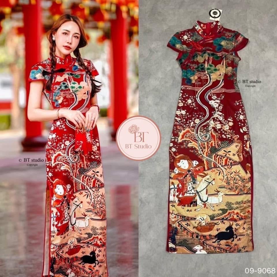 เดรสกี่เพ้า แต่งคอจีน พื้นสีพิมพ์ลายสวยม๊าก ห้ามพลาดเลยคร้าา limited ม๊ากคร้า ใส่สบาย : สินค้าคุณภาพ (พร้อมส่ง)