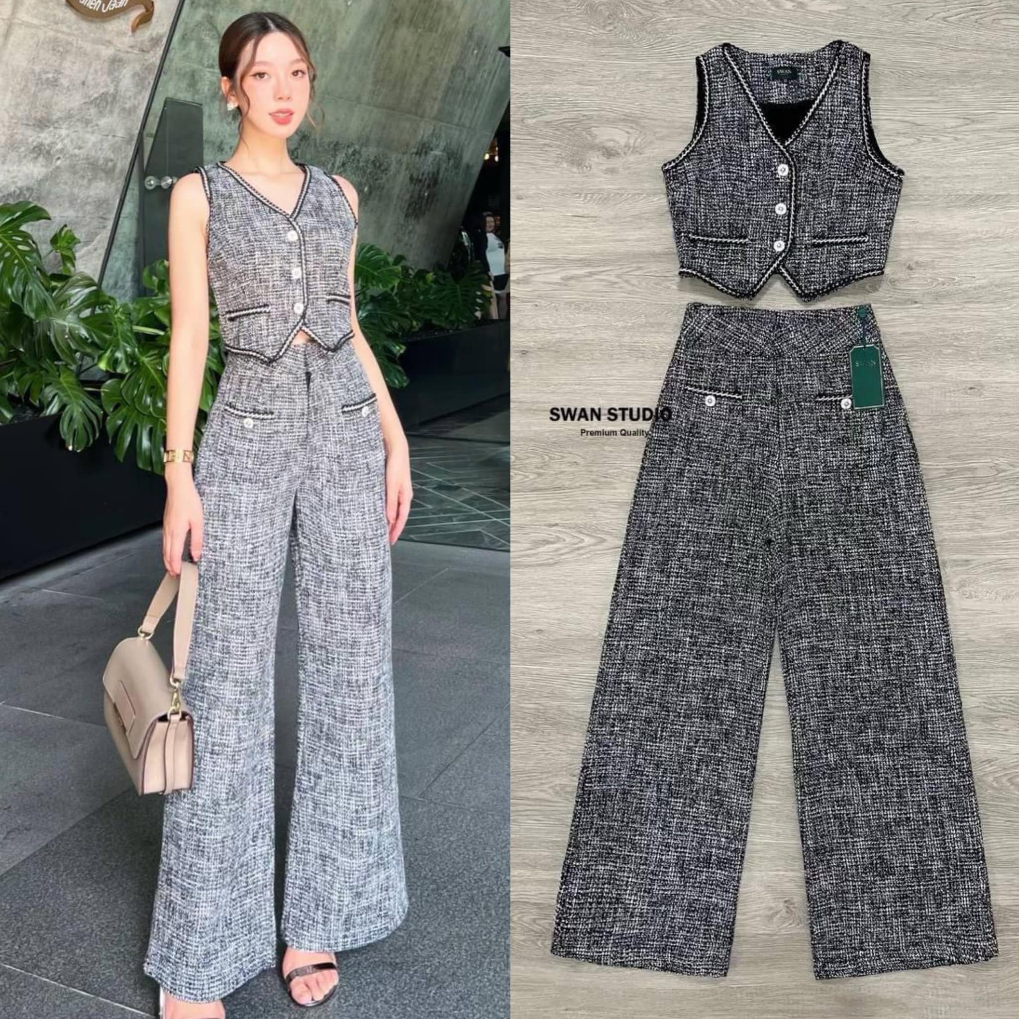 เซตเสื้อทวิตแขนกุดสีโทนเทา แต่งกุ๊นขอบด้วยผ้าสีขาวดำ มากับกางเกง ทรงสวย ใส่พรางหุ่น เนื้อผ้าอย่างดี ใส่สบาย สินค้าคุณภาพ (พร้อมส่ง)