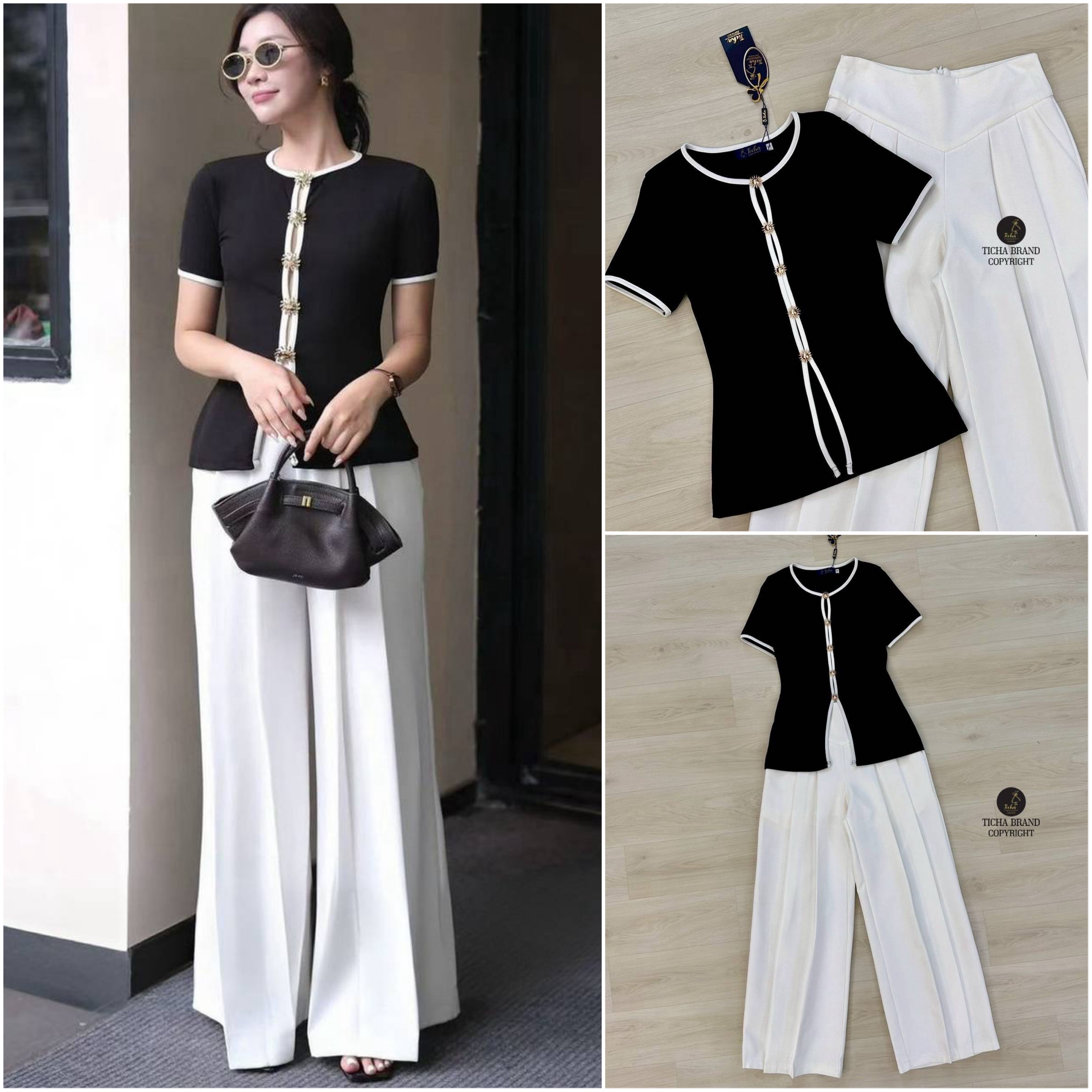 เขต2ชิ้น เสื้อแขนสั้นสีดำคอกลมแต่งกุ้นขอบคอ แขน และช่วงด้านหน้าของเสื้อ แต่งอ่ะไหล่สีทองด้านหน้าดีเทลเว้าอกดูเซ็กซี่สุดๆๆ ใส่แมทซ์กับกางเกงทรงขาบาน ใส่สบาย : สินค้าคุณภาพ (พร้อมส่ง)