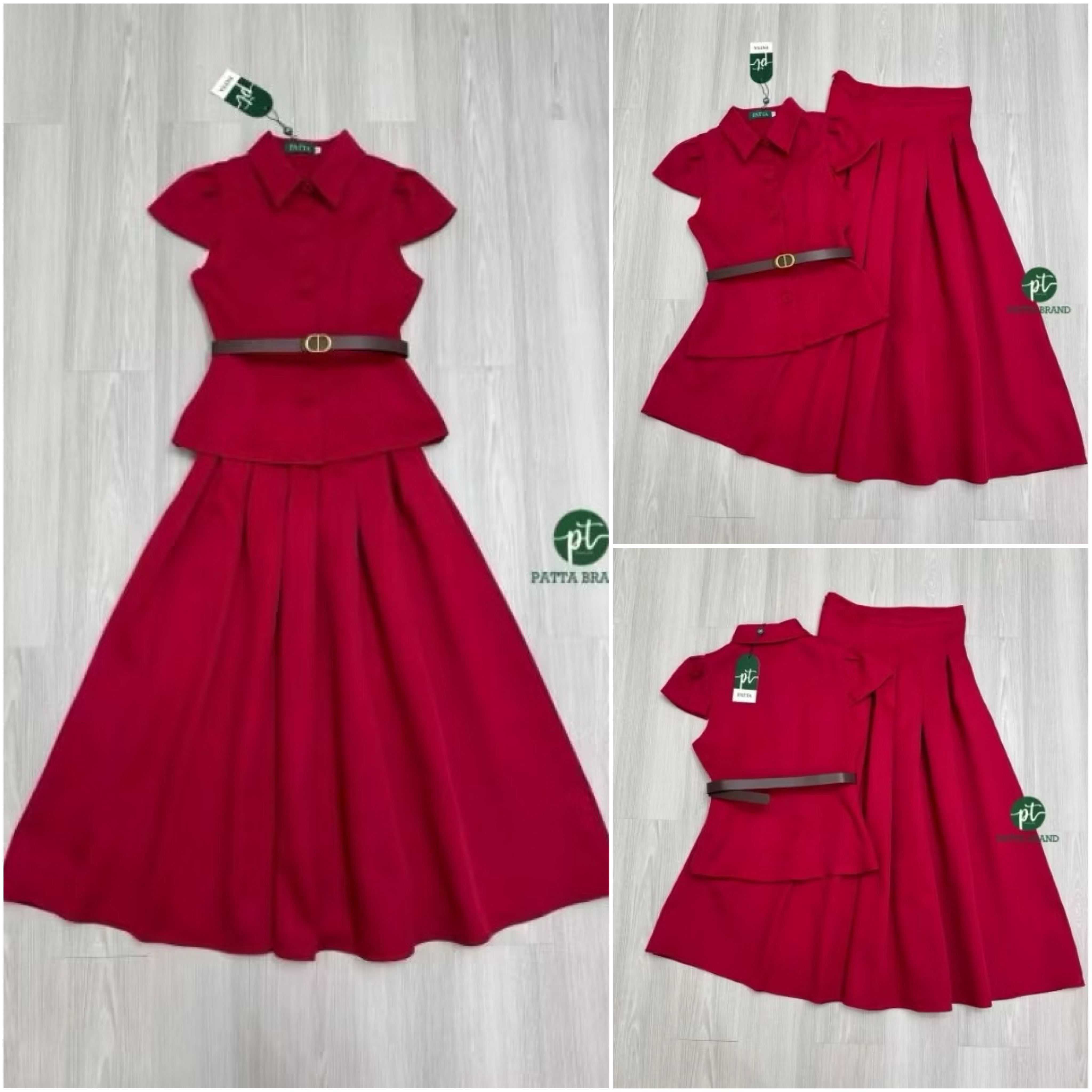 Set 2 ชิ้นเสื้อดีไซน์คอปกแขนสั้น ด้านหน้ามีกระดุมเรียงยาวใช้งานได้จริง ทรงสวย มาคู่กับเข็มขัดสีดำหัวทองใส่ปรับเข้ารูปให้ทรงสวย และมาพร้อมกับกระโปรงยาวจับจีบใหญ่พริ้วรอบตัว มีซิปข้าง ใส่สบาย : สินค้าคุณภาพ (พร้อมส่ง)