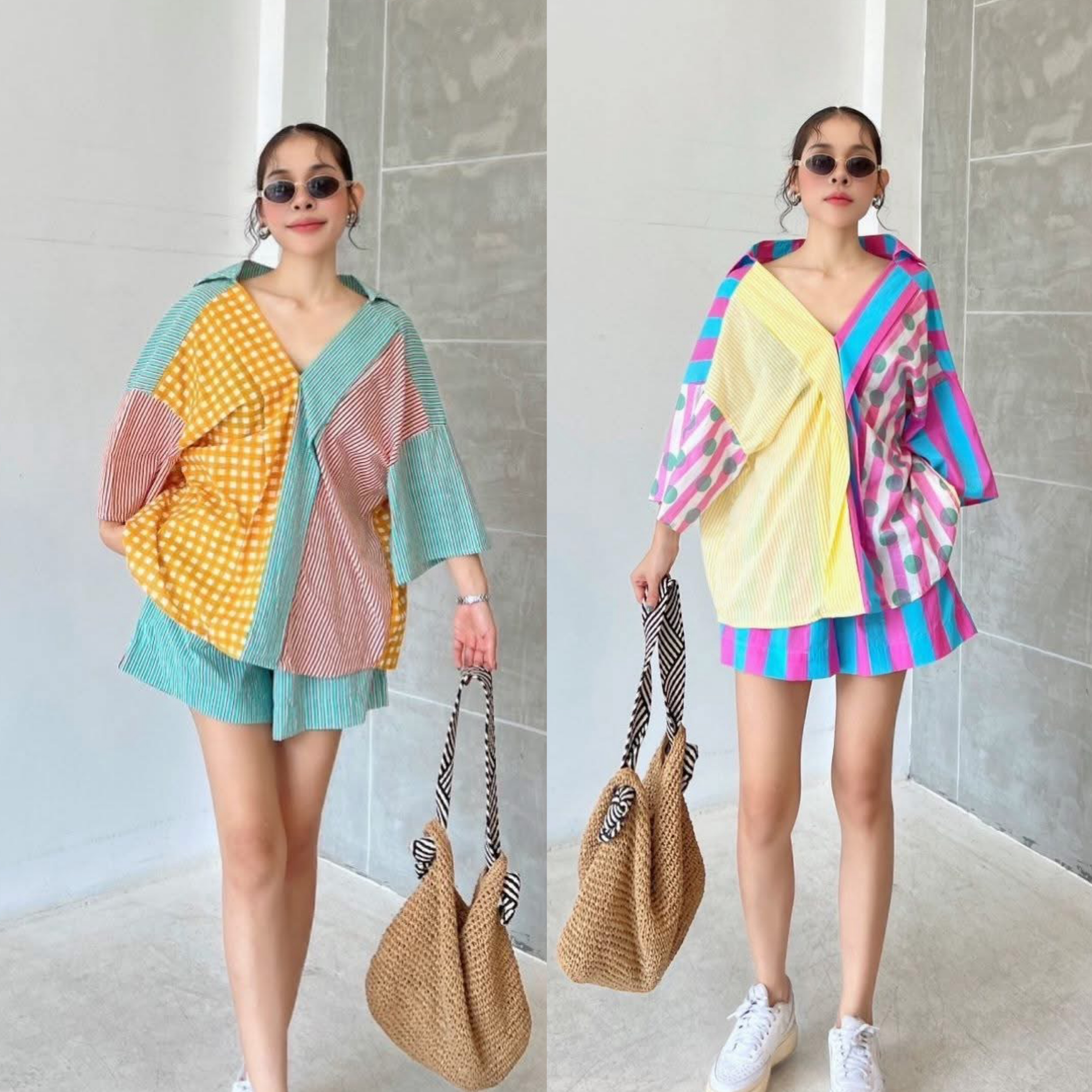 ชุดเซ็ท เสื้อผ้าคอทตอลอินเดีย ดีไซน์ทรงoversize คอวีหน้า ปกหลัง แต่งสาบหน้า ตัดต่อสี กางเกงเอวสม็อค มีกระเป๋าล้วง งานเก๋มีสไตล์ ใส่สบาย : สินค้าคุณภาพ (พร้อมส่ง)