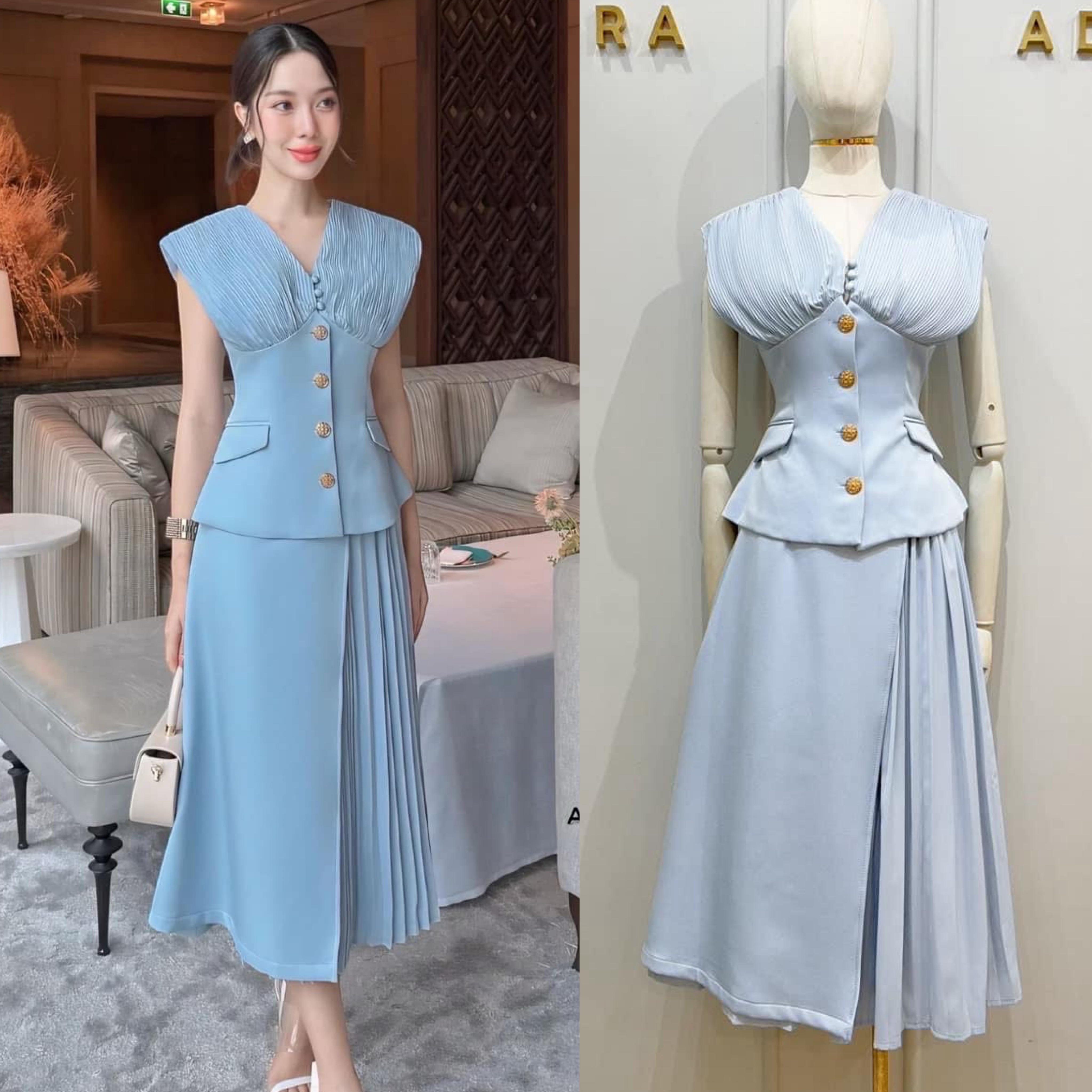 Set เสื้อคอวี +กระโปรงทรงเอ ตัดต่ออัดพลีท ใส่สบาย : สินค้าคุณภาพ (พร้อมส่ง)