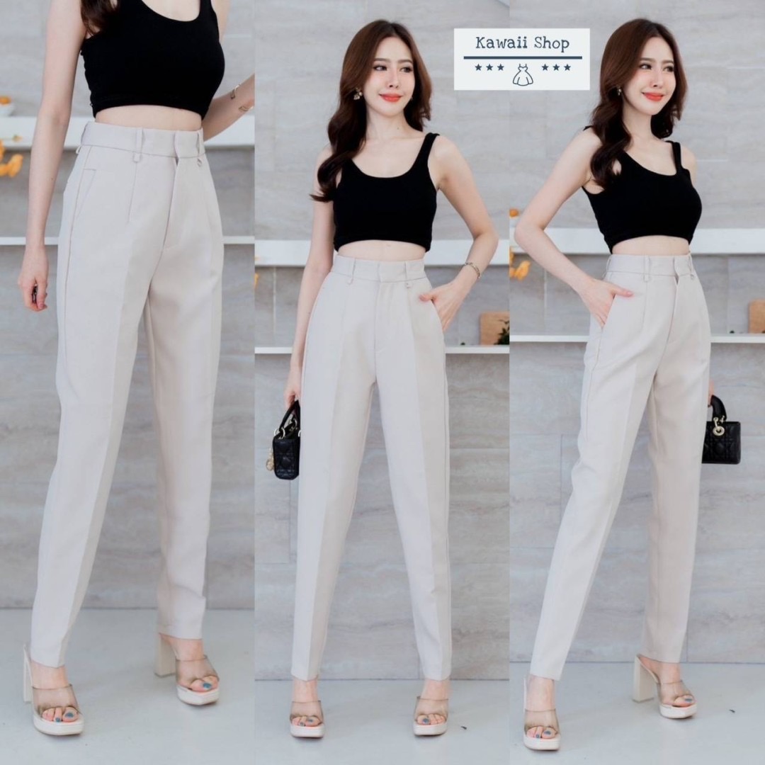 กางเกงขายาว ทรงเดฟ ดีเทลกระเป๋าสามเหลี่ยม ติดตะขอ ซิปหน้า ผ้าไมโคร ใส่สบาย : สินค้าคุณภาพ (พร้อมส่ง)