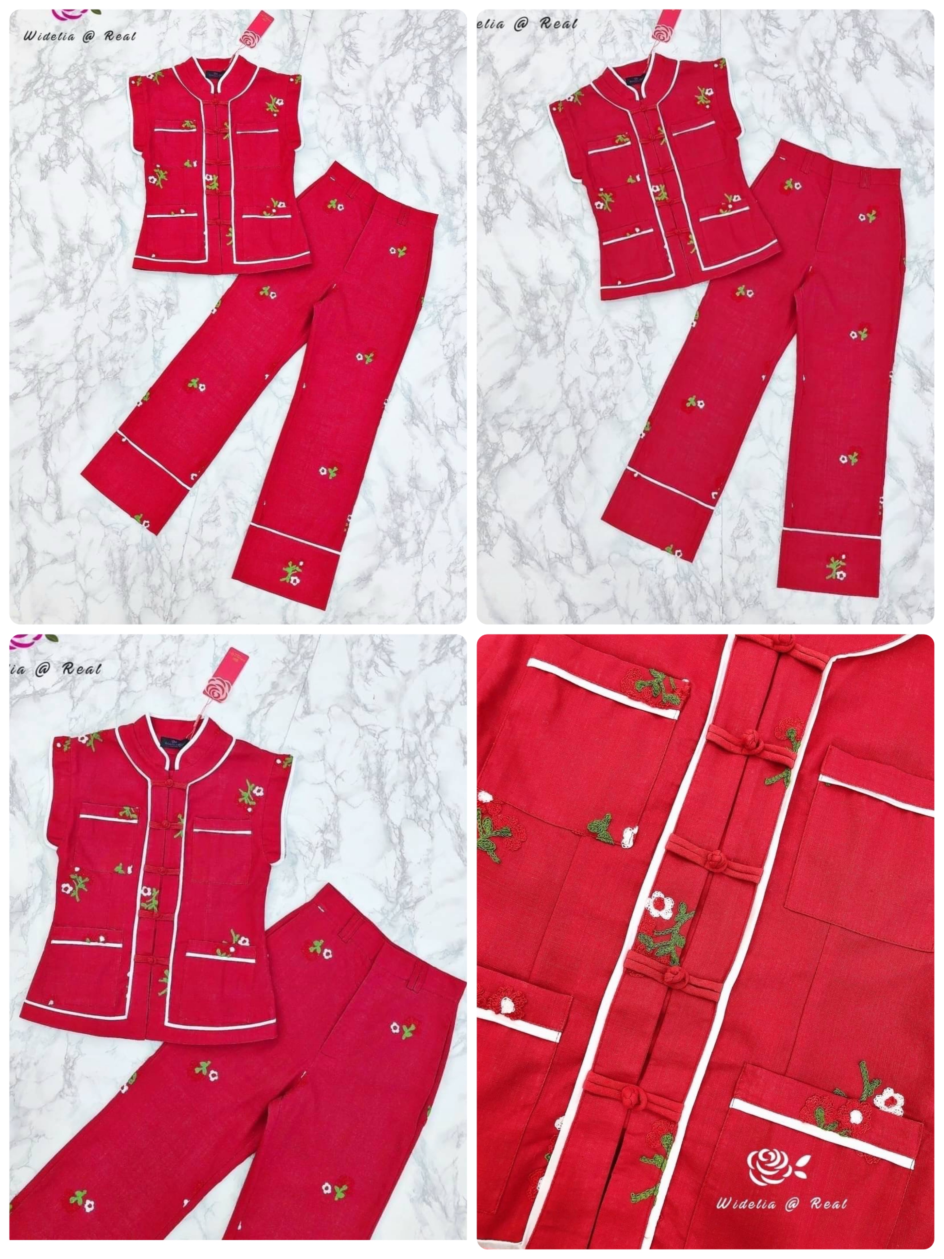 Set ชุดกี่เพ้า Top & Pant เซ็ทเสื้อกี่เพ้ากับกางเกงขายาวเอวสวยทรงดี งานปักดอกไม้ สินค้าคุณภาพ (พร้อมส่ง)