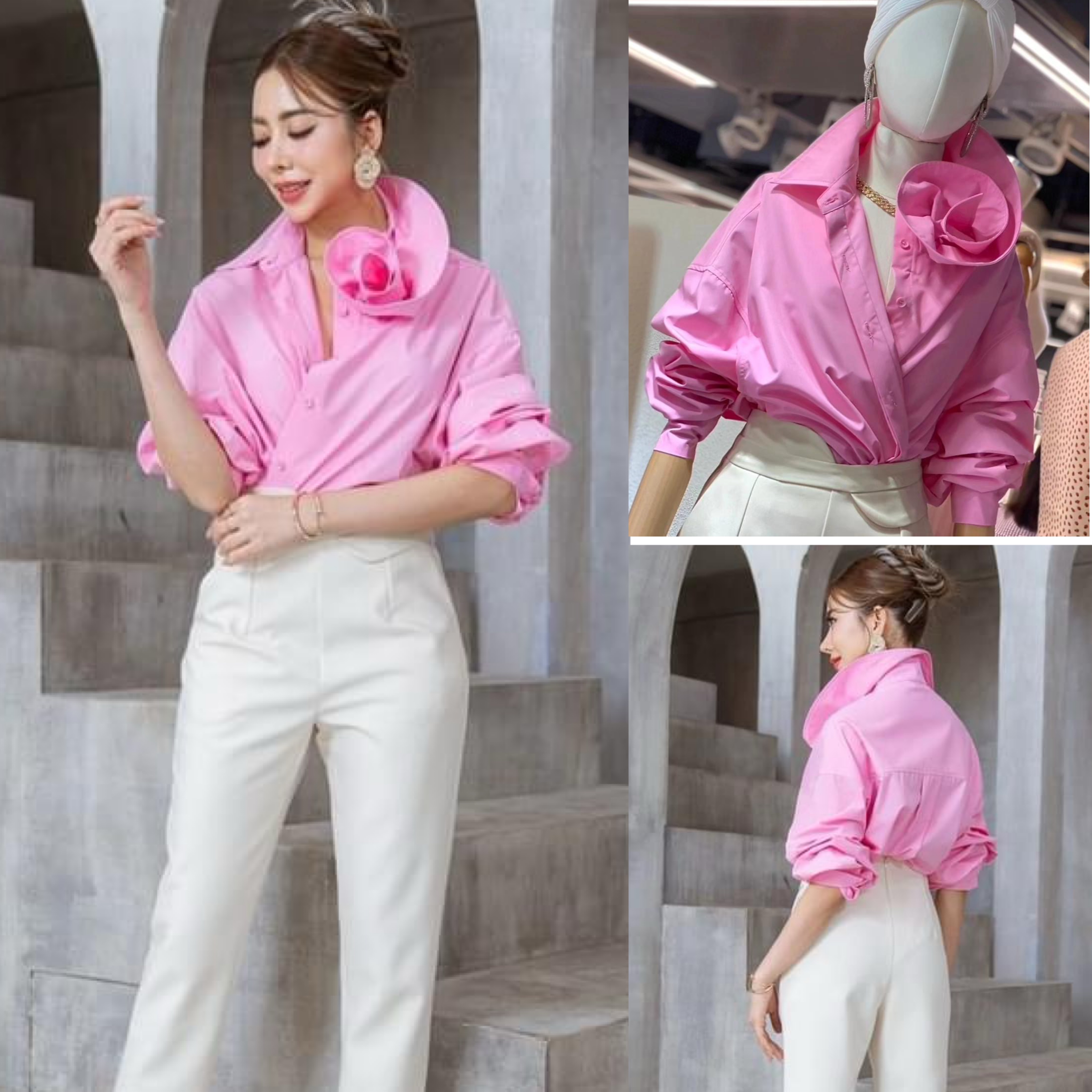 เสื้อเชิ้ตปกคอดอกไม้ ตัวเสื้อเป็นทรงปล่อยๆเท่ห์ๆ คอปกดีไซน์ให้เป็นดอกกุหลาบ ตะเข็บด้านในตัวเสื้อเย็บเก็บขอบอย่างละเอียด เนื้อผ้าเกรดเอ ใส่สบาย : สินค้าคุณภาพ (พร้อมส่ง)