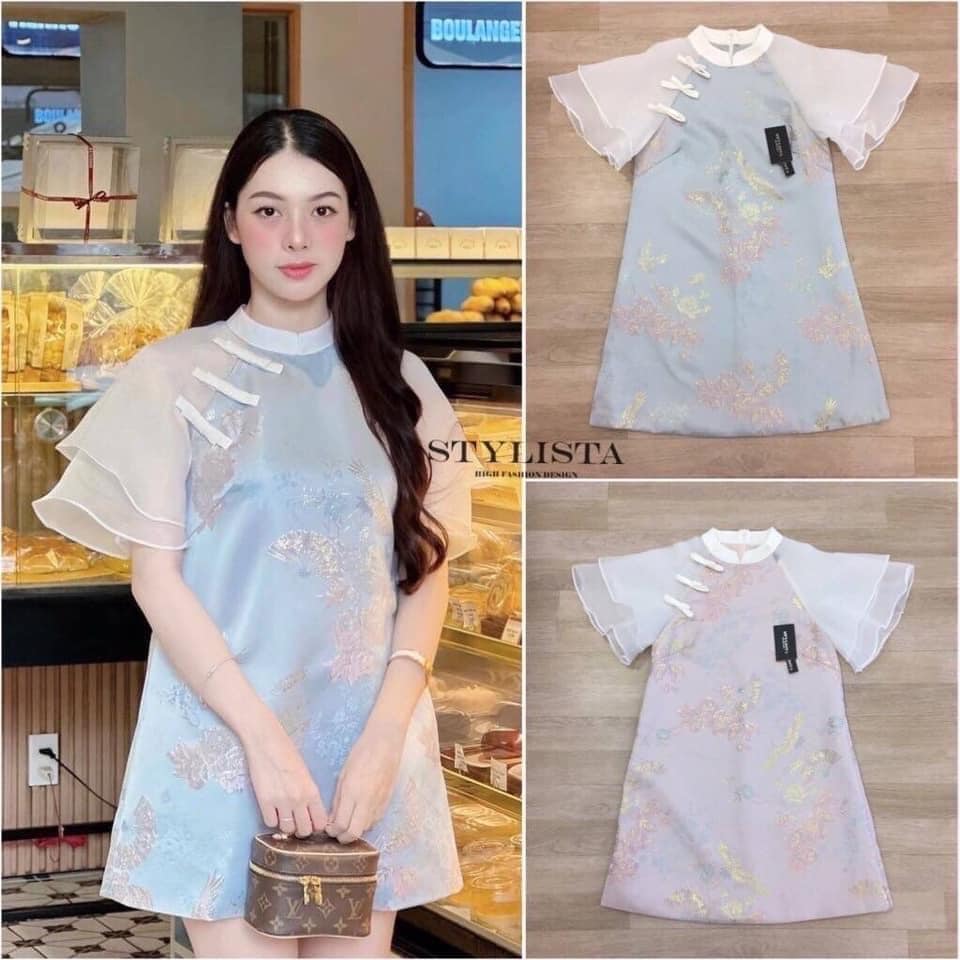 เซตเสื้อกี่เพ้า แขนริ้วระบาย คอจีน ผ้าลายดอกไม้ ใส่สวยน่ารักมากๆ ใส่สบาย : สินค้าคุณภาพ (พร้อมส่ง)