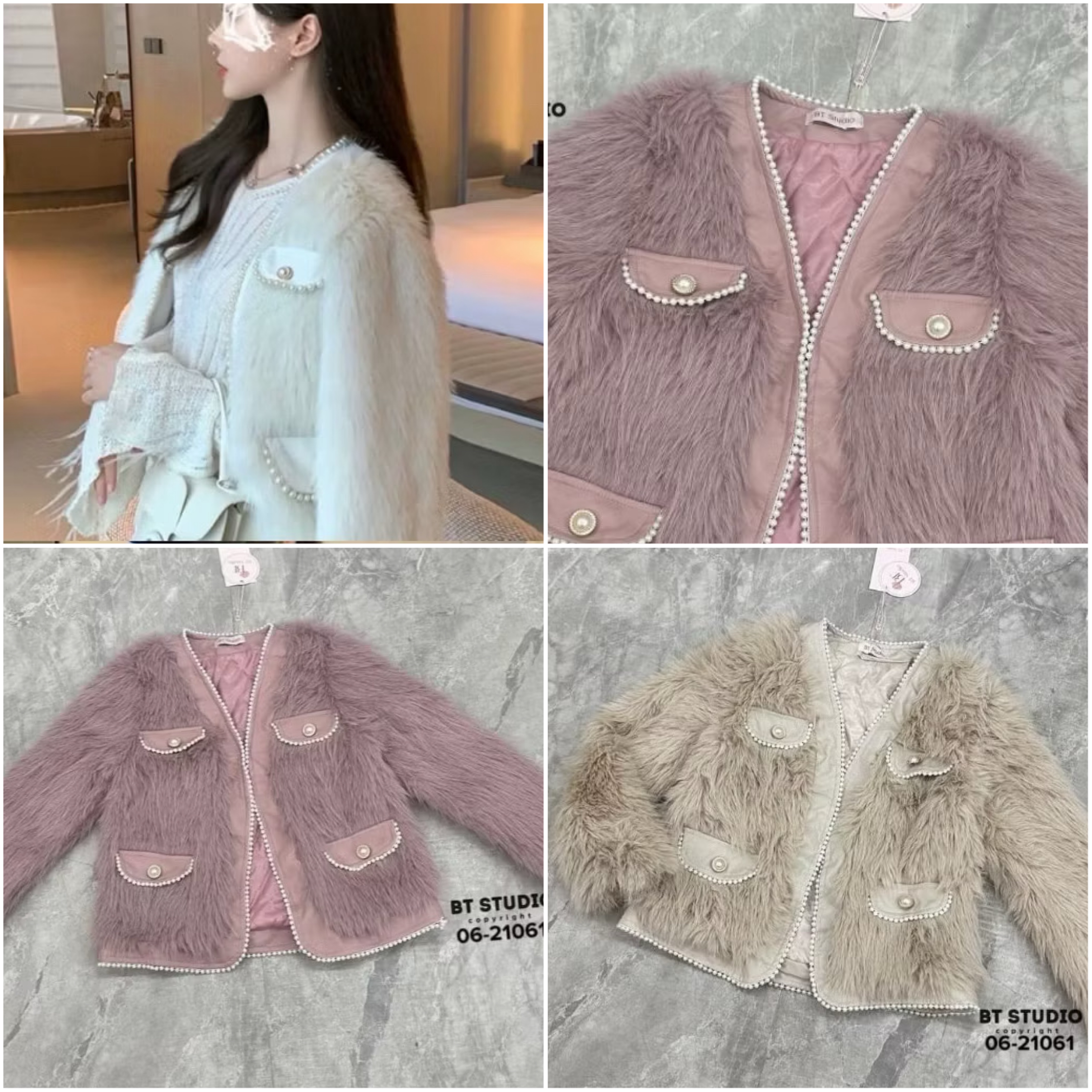 เสื้อคลุมแขนยาวขนมิ้งค์ฟู ๆ คอวีช่วงขอบ และฝากระเป๋าหลอกตัดด้วยหนังแต่งมุกติดปลายขอบ แต่งตะขอติด 1 อัน งานสวยด้านในบุซับใน ใส่สบาย : สินค้าคุณภาพ (พร้อมส่ง)