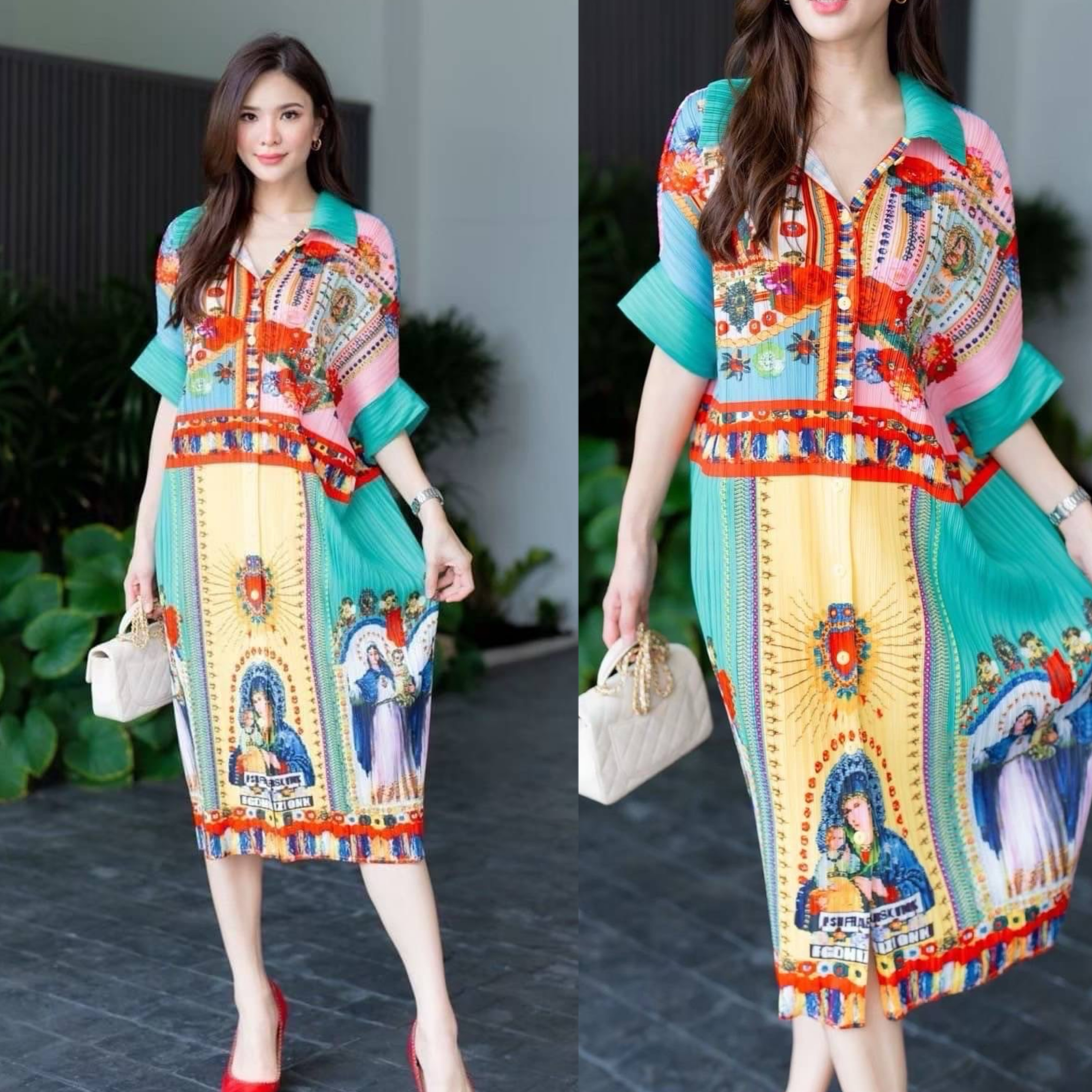 เดรสพลีทตัวยาวคอปกใหญ่ ทรงไหล่ล้ำ พับแขนเบิ้ล เกร๋กรู๊ดดด งานอัดพลีท 100% พลีท AA Premium 🎡🎢 ลายกราฟฟิค ใส่สบาย : สินค้าคุณภาพ (พร้อมส่ง)