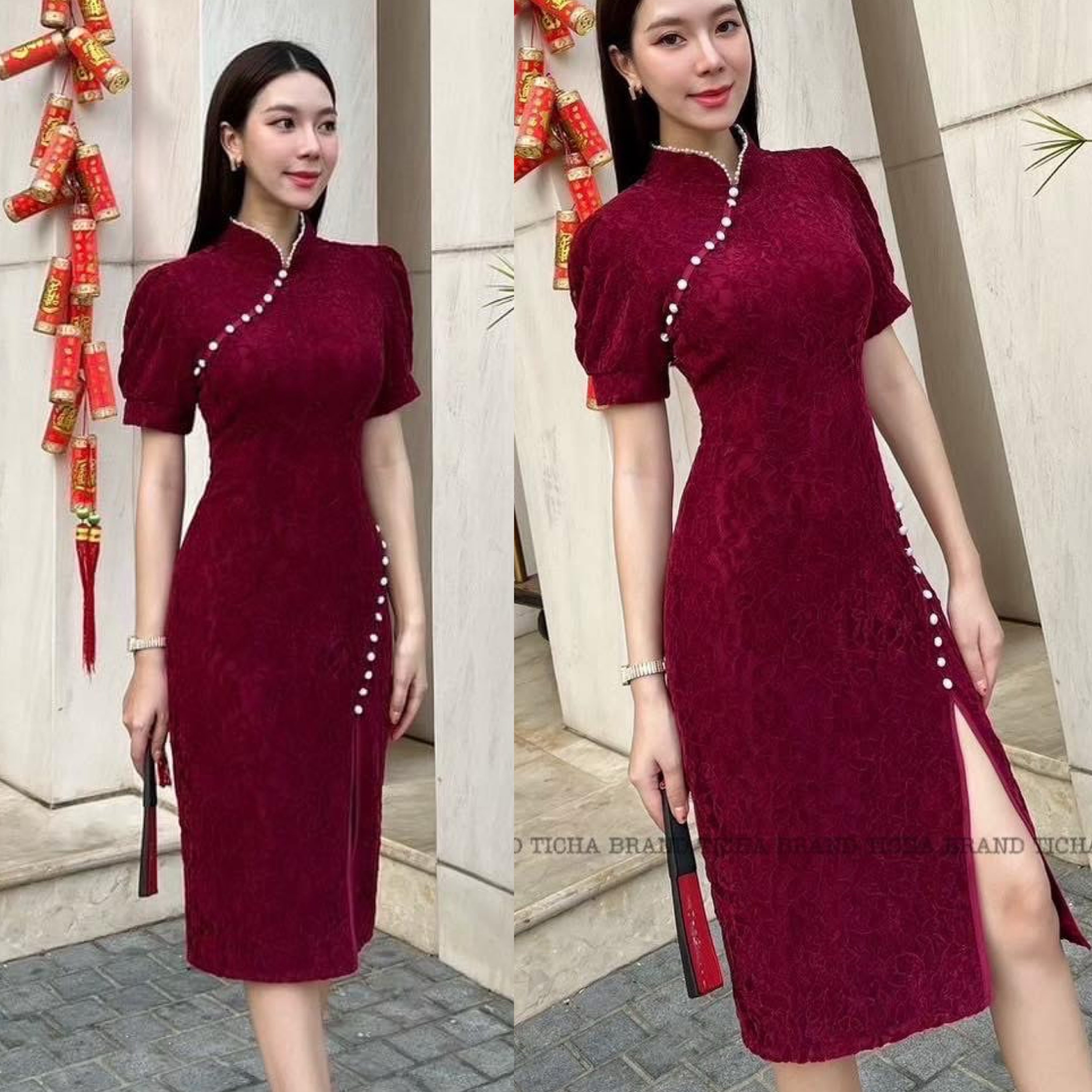 เดรสลูกไม้กี่เพ้าแขนตุ๊กตาสีแดงไวน์ ดีไซส์เย็บแต่งมุกขาวเด่นสวย (ซิปหลัง) ดีไซน์แต่งผ่าหน้าสวยมากผ้าลูกไม้นิ่มมาก ทรงสวยเข้ารูปเป๊ะ ใส่สบาย : สินค้าคุณภาพ (พร้อมส่ง)