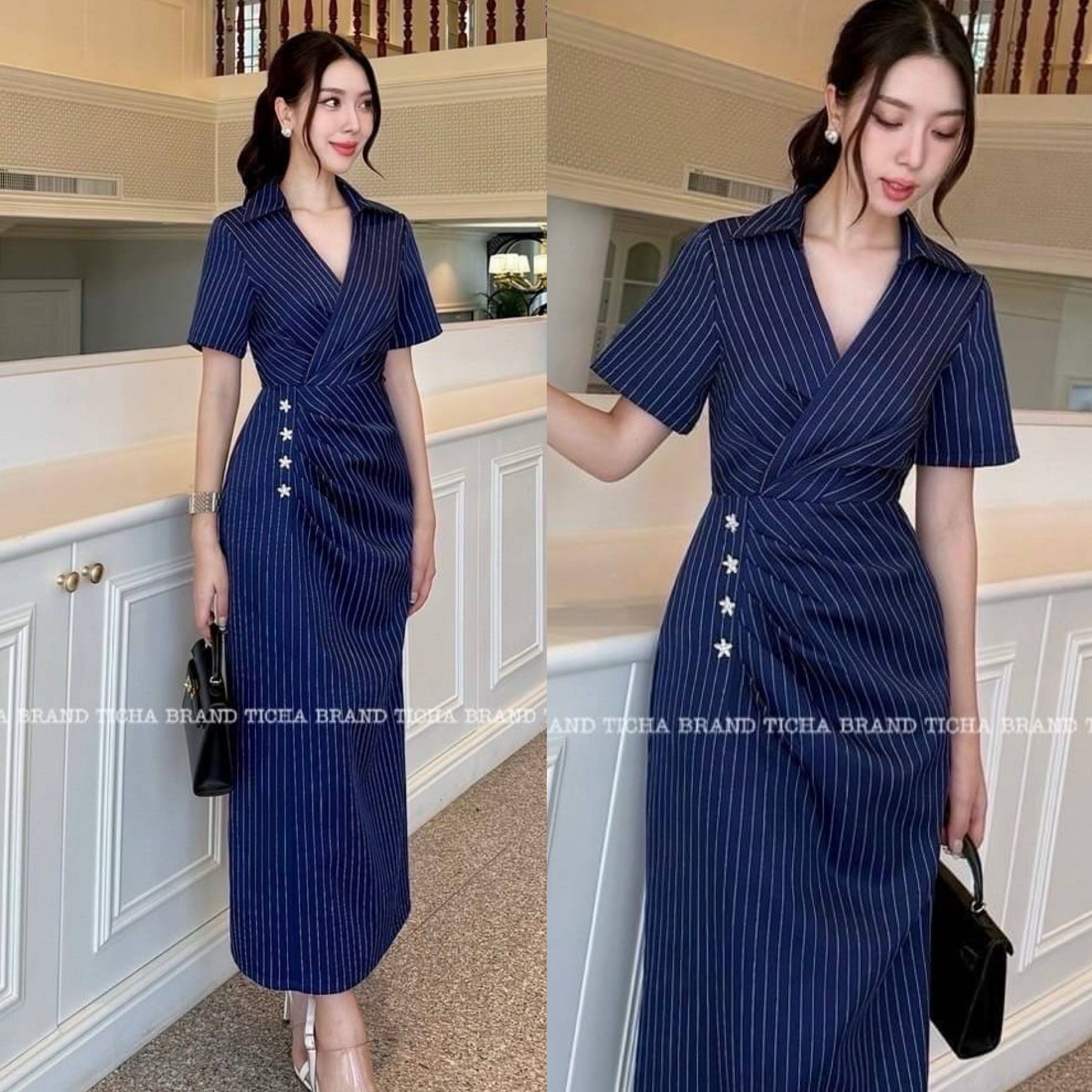 เดรสยาวสีกรมลายริ้วเล็กสีขาว แต่งคอปกดีเทลป้ายช่วงเอวเย็บย่นและเย็บติดอะไหล่ดอกไม้เพชร ( มีซิปข้างอย่างดี )กระโปรงทรงตรงยาวเข้ารูป แต่งผ่าหลัง ใส่สบาย : สินค้าคุณภาพ (พร้อมส่ง)