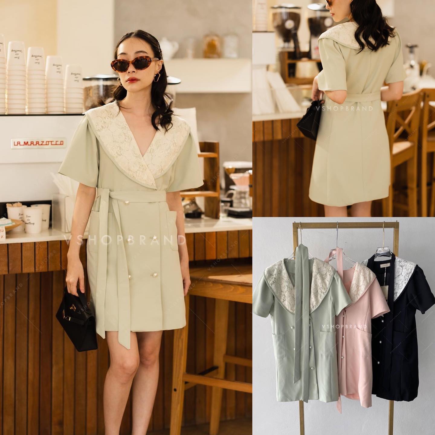 เดรสทรงสูทอัดกาวทั้งชุด แขนสั้น ปกเย็บติดลูกไม้ แถมเชือก ผูกเอว กระดุมไข่มุก แบบน่ารักมาก สินค้าคุณภาพ (พร้อมส่ง)