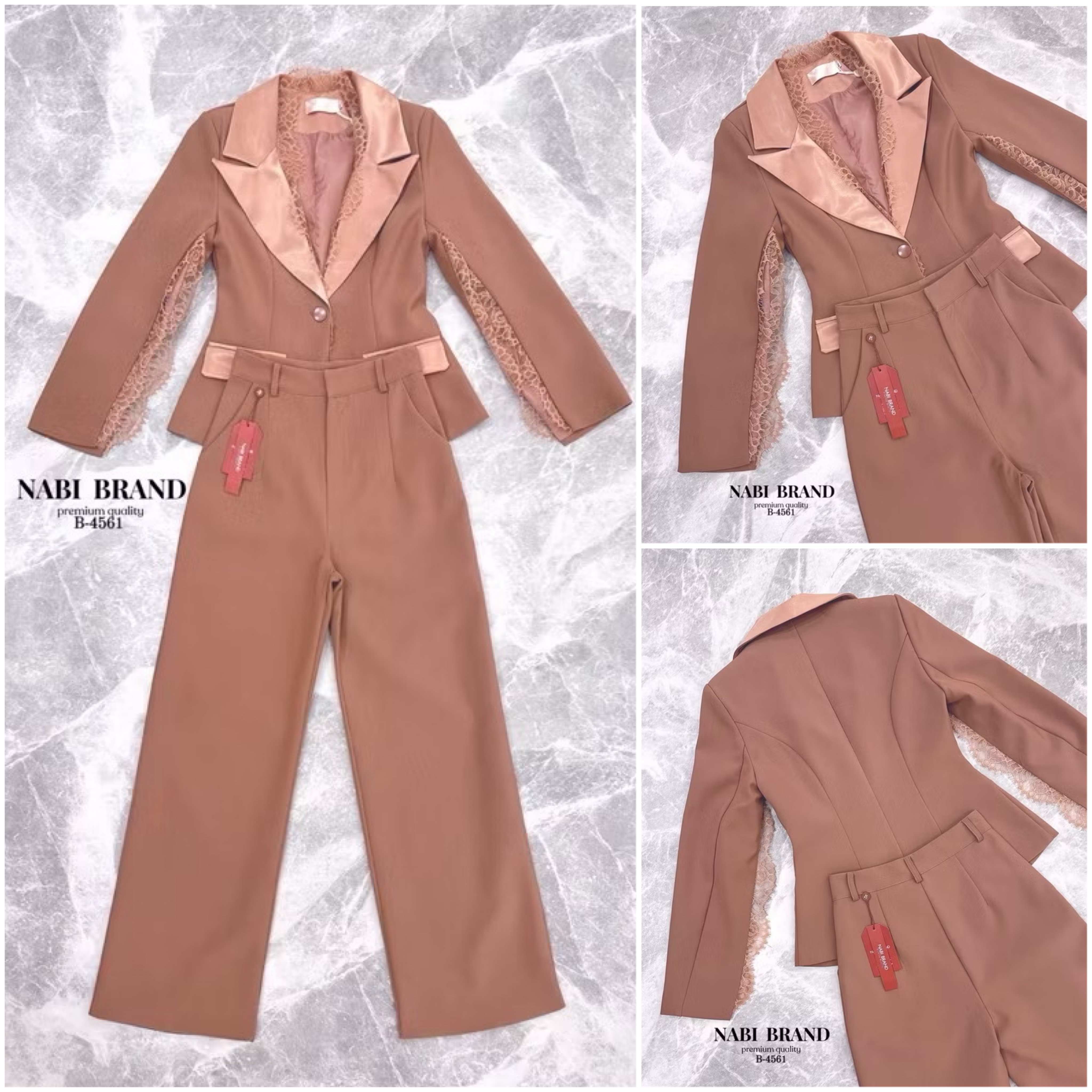 Set 2ชิ้น เสื้อคลุมช่วงแขนผ่าแต่ง ผ้าลูกไม้ ปกคอตัดด้วยผ้าเงามัน แต่งกระดุม 1เม็ด กระเป๋าใช้งานได้จริง มาคู่กับ กางเกงขากระบอกใหญ่ ใส่สบาย : สินค้าคุณภาพ (พร้อมส่ง)