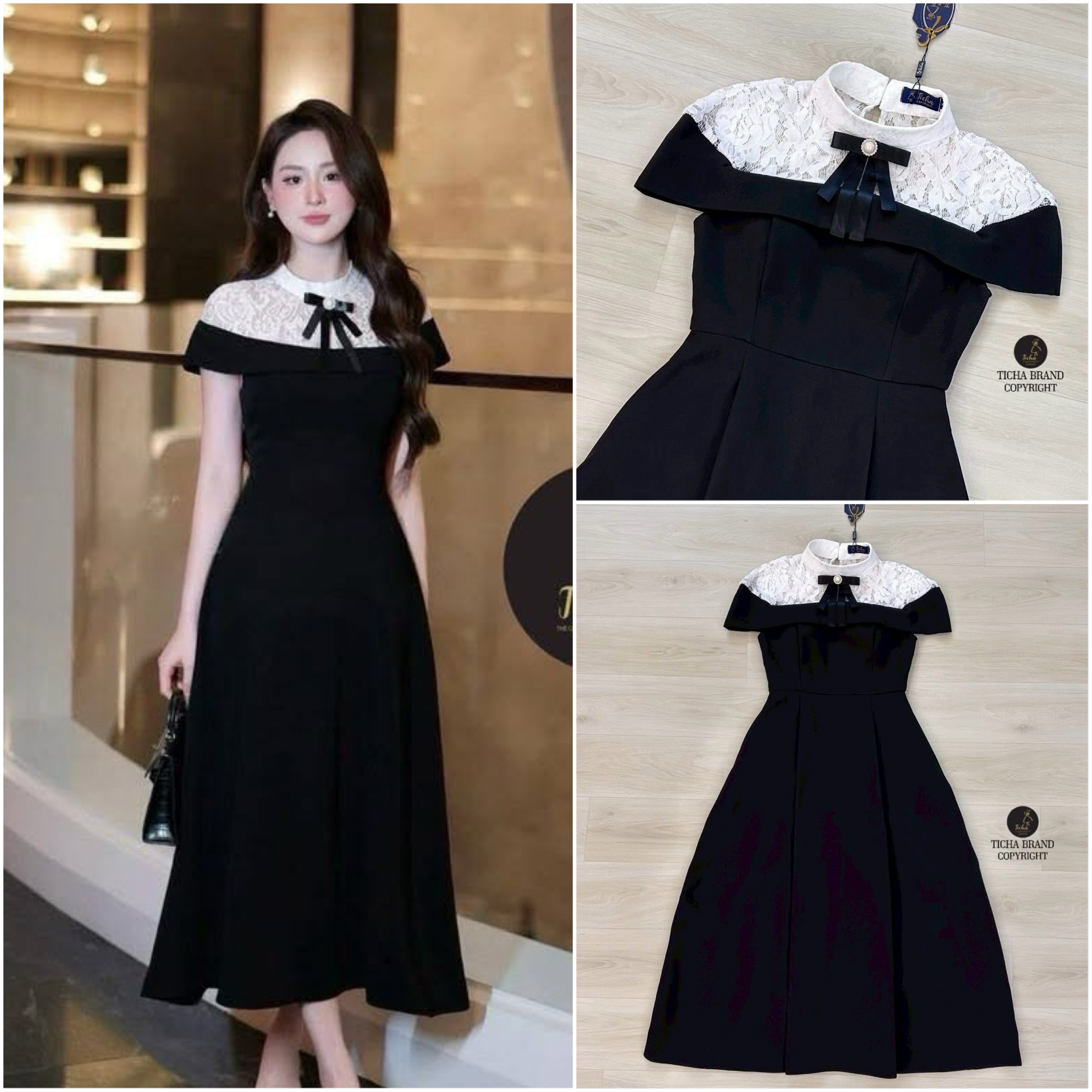 เดรสยาวสีดำคอตั้งแขนกุด ดีเทลช่วงอกแต่งผ้าลูกไม้สีขาวซีทรูคลุมไหล่ ตัวกระโปรงแต่งจับจีบคลายๆ มีกระเป๋าทั้ง 2 ใช้งานได้จริง มีชับใน +เข็มกลัดริบบิ้นโบสีดำติดมุข ใส่สบาย : สินค้าคุณภาพ (พร้อมส่ง)