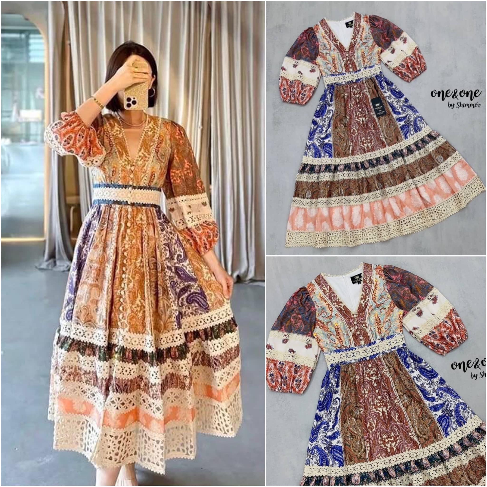 มิดี้เดรสคอวีความยาวแขนสามส่วน เดรสตัดต่อแพทเทิร์นและแต่งด้วยเชิงลูกไม้ ด้านหน้าตกแต่งกระดุม เนื้อผ้าคอตตอนปริ้น ลายพาสลีย์สุดคลาสสิค งานมีซับในซิปหลัง 👍🏻 สินค้าคุณภาพ (พร้อมส่ง)