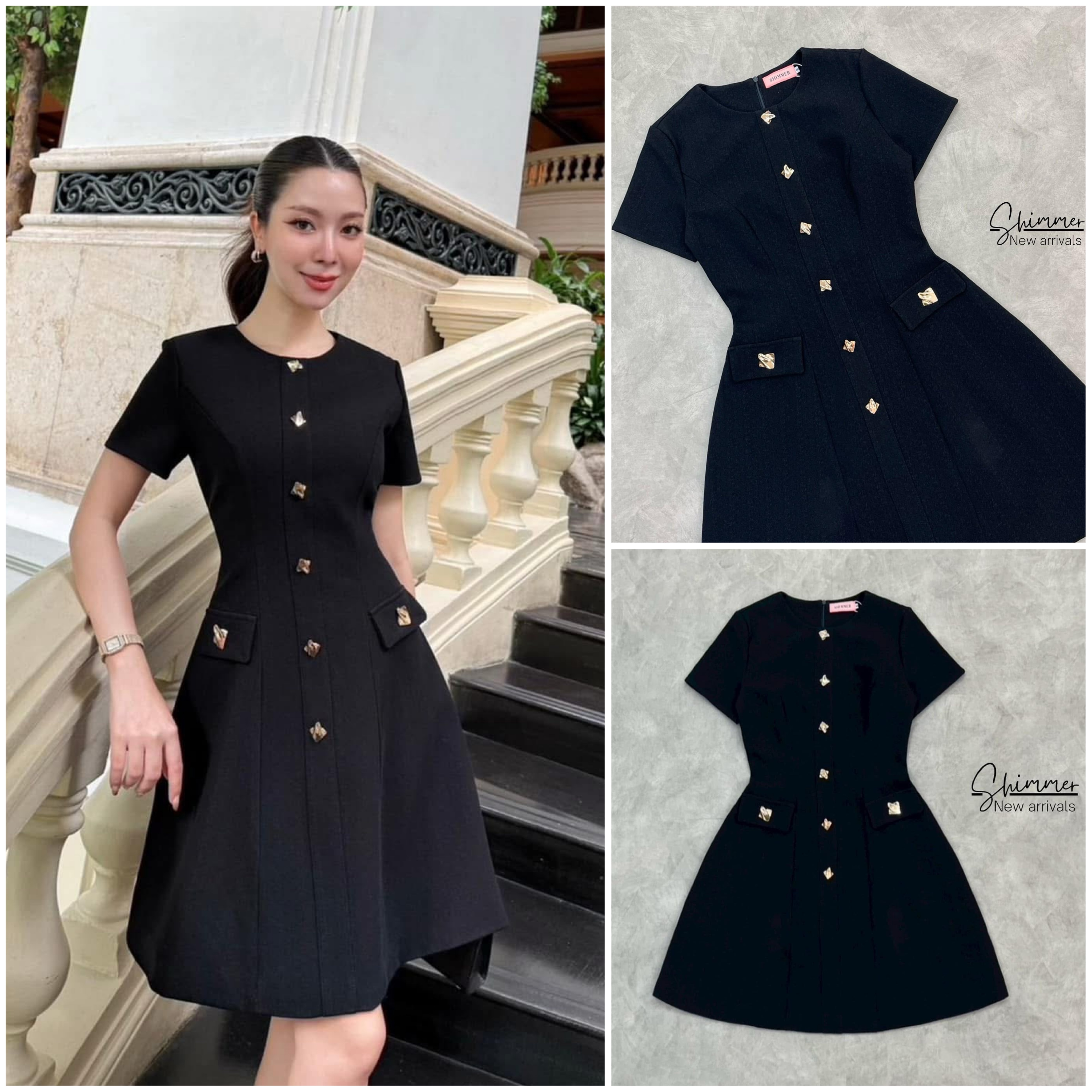 มินิเดรสแต่งกระดุมสีทองดีไซน์สวยคลาสสิคเนื้อผ้าพรีเมียมทั้งชุด ใส่สบาย : สินค้าคุณภาพ (พร้อมส่ง)