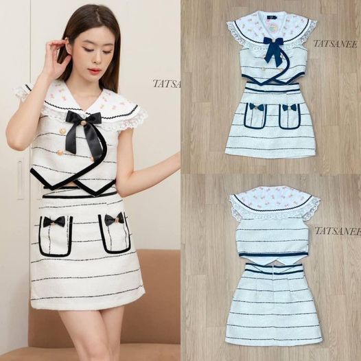 เซตเสื้อแขนกุด+กระโปรงสั้น ผ้าทวิต ลายขวาง ปกแต่งผ้าปัก ลายกุหลาบ : สินค้าคุณภาพ (พร้อมส่ง)