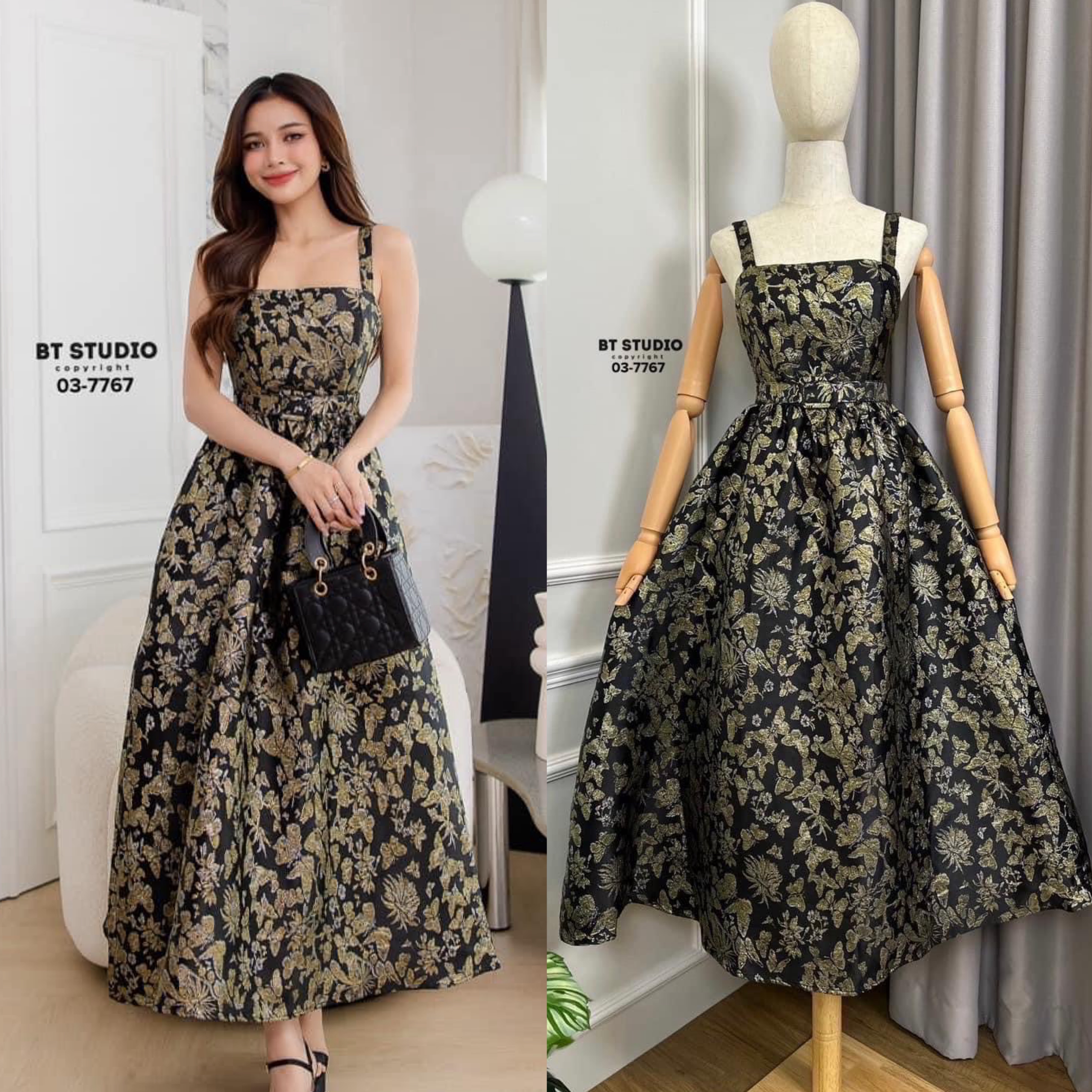 เดรสกระโปรงยาวสายเดี่ยวดีเทลผ้า ทอลายผีเสื้อสีทองทอลงบนเนื้อผ้าเรียบ งานสวย เนื้อผ้าดี คัตติ๊งสวยมีซับใน มาพร้อมเข็มขัดลาย เดียวกันงานสวยมาก ใส่สบาย : สินค้าคุณภาพ (พร้อมส่ง)