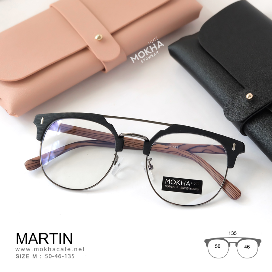 MARTIN - black wood แว่นตาวินเทจ กรอบโลหะ ขาลายไม้ ทรงหยดน้ำ double bridge กว้าง 135 มม.(sizeM) 24g