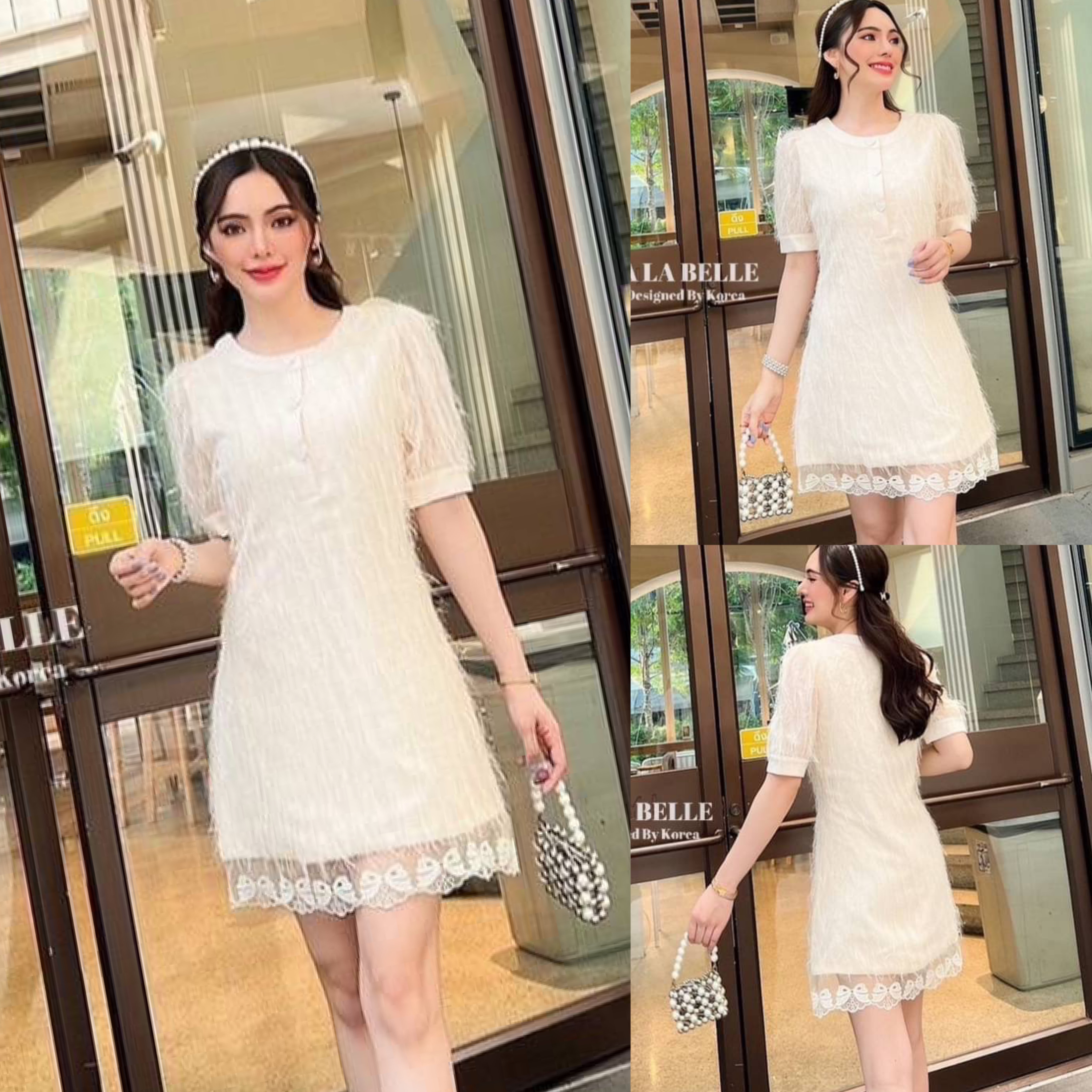 เดรสผ้าขนๆวิ้งๆคอกลมกระดุมหน้าแขนตุ๊กตาเอวเข้าทรง กระโปรงทรงสอบๆชายกระโปรงแต่งลูกไม้ลายโบว์มาพร้อมซิปข้างใส่ง่าย ใส่สบาย สินค้าคุณภาพ (พร้อมส่ง)