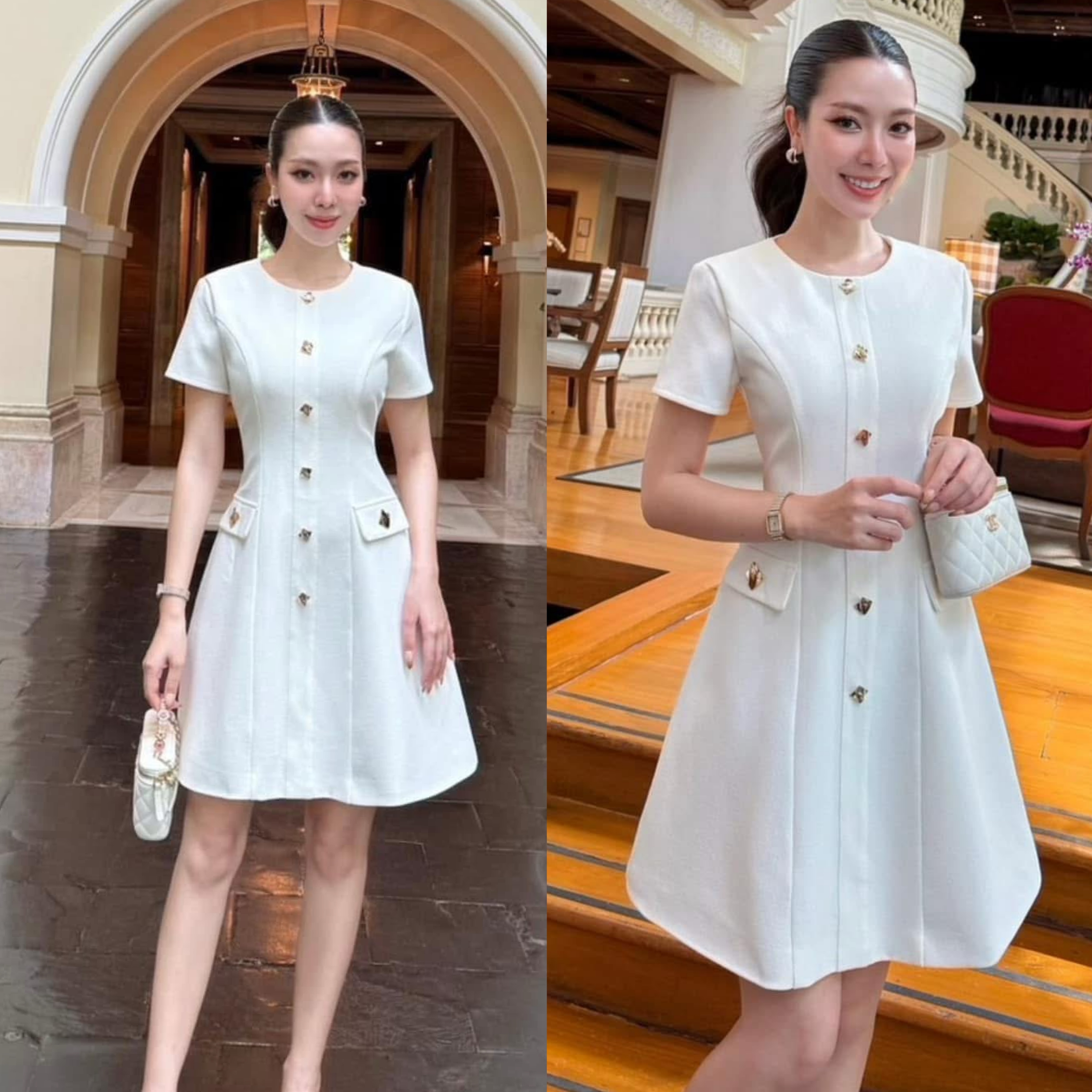 มินิเดรสแต่งกระดุมสีทองดีไซน์สวยคลาสสิคเนื้อผ้าพรีเมียมทั้งชุด ใส่สบาย : สินค้าคุณภาพ (พร้อมส่ง)