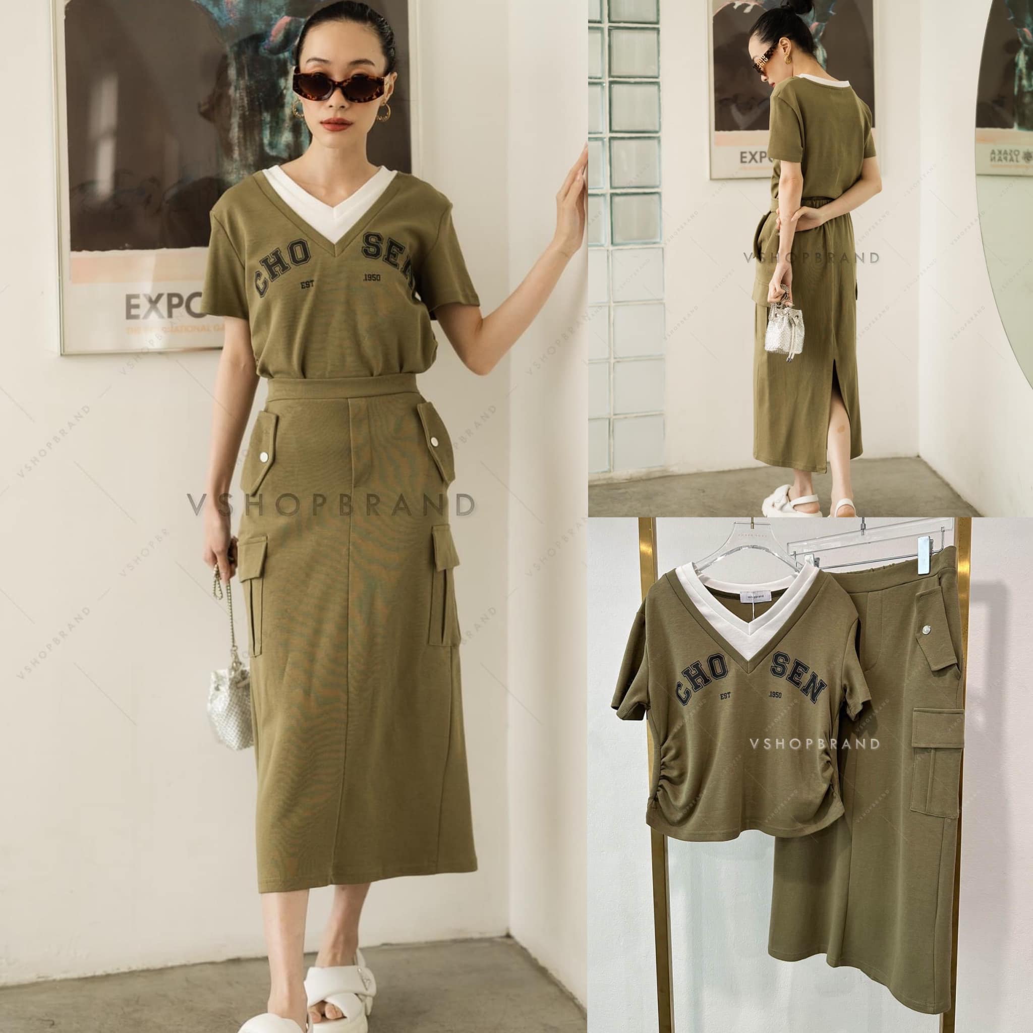 SET เสื้อคอวีแต่งขอบคอทูโทน + กระโปรงยาว สินค้าคุณภาพ (พร้อมส่ง)