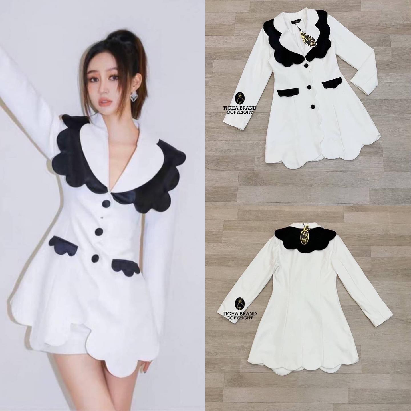 รุ่นนี้มีไซส์ใหญ๋ มินิเดรสขาวคอปกแขนยาวแต่งด้วยผ้าสีดำ ทรงหยังคล้ายดอกไม้ มีกระดุมด้านหน้า3เม็ดใช้งาน ได้จริง แต่งขอบหยักเรียงยาวลงมาตรงกลางและชาย กระโปรง สินค้าคุณภาพ (พร้อมส่ง)