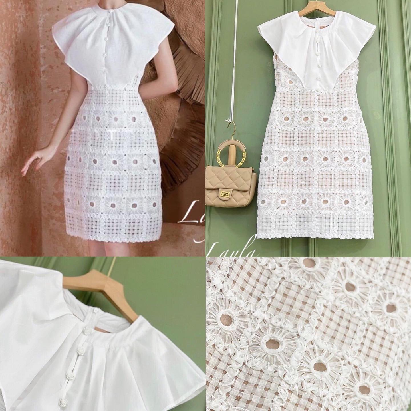 เดรสสุดหรูแขนกุดปกระบายใหญ่ ผ้าลูกไม้ เย็บขดลายตาราง สินค้าคุณภาพ (พร้อมส่ง)