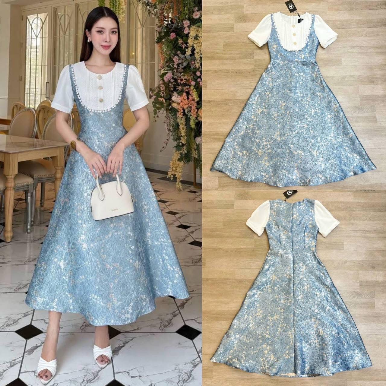 เดรสกระโปรงผ้าทอลายดอกไม้สวยสดมากคะหน้าอก ตกเเต่งผ้าลูกไม้เนื้อดีทรงสวยๆคะ ใส่สบาย : สินค้าคุณภาพ (พร้อมส่ง)