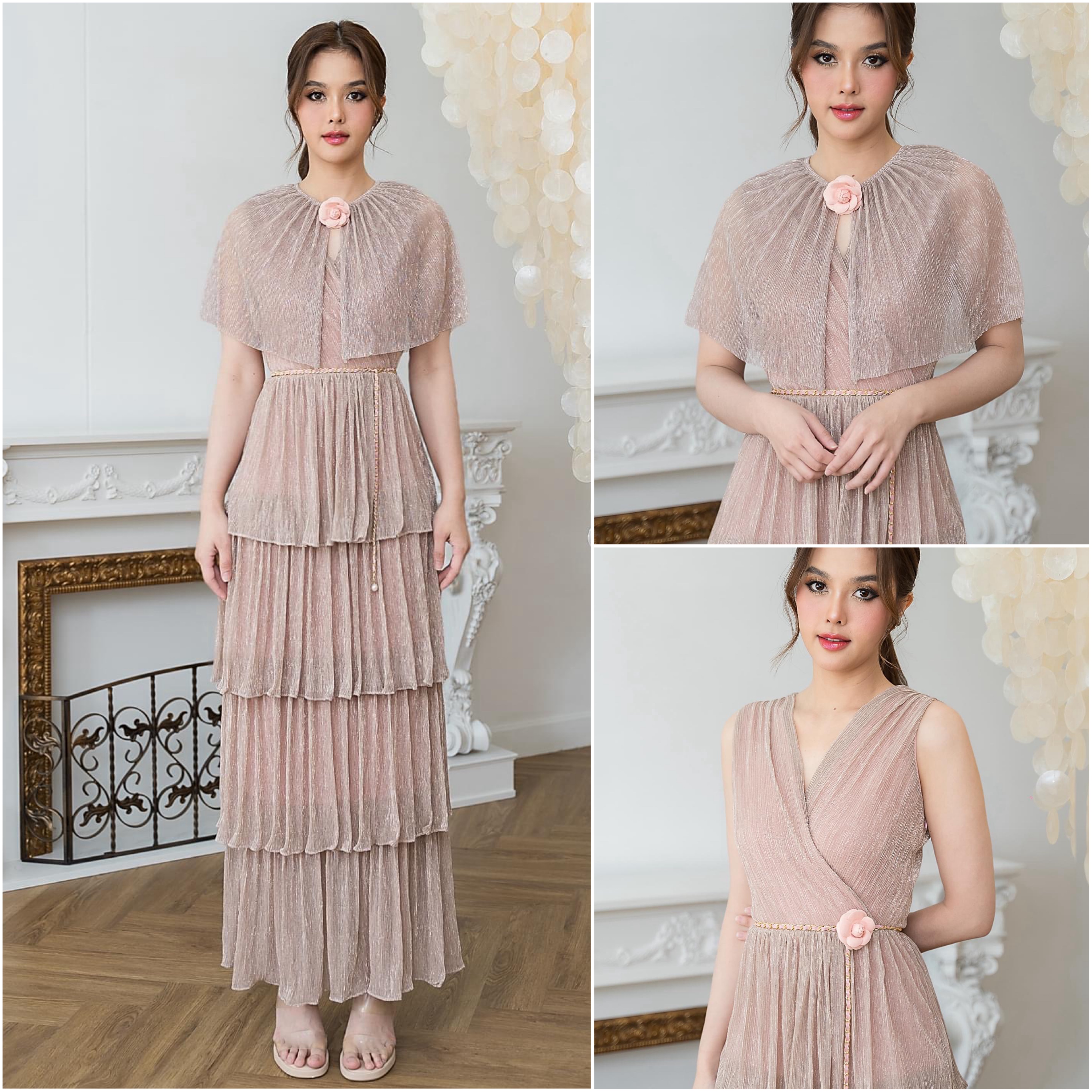 แม็กซี่เดรสคอวีป้ายแขนกุด มาพร้อม เสื้อคลุมติดกระดุมเปิดได้ กระโปรงบานจีบรูด ระบาย4ชั้น มาพร้อมโบว์สำหรับผูกเอว ทำจาก ผ้าราเม่ผสมดิ้นเมทัลลิค เนื้อนุ่มยืดหยุ่น มีซิป ซ่อนและซับในเต็มตัว ใส่สบาย : สินค้าคุณภาพ (พร้อมส่ง)