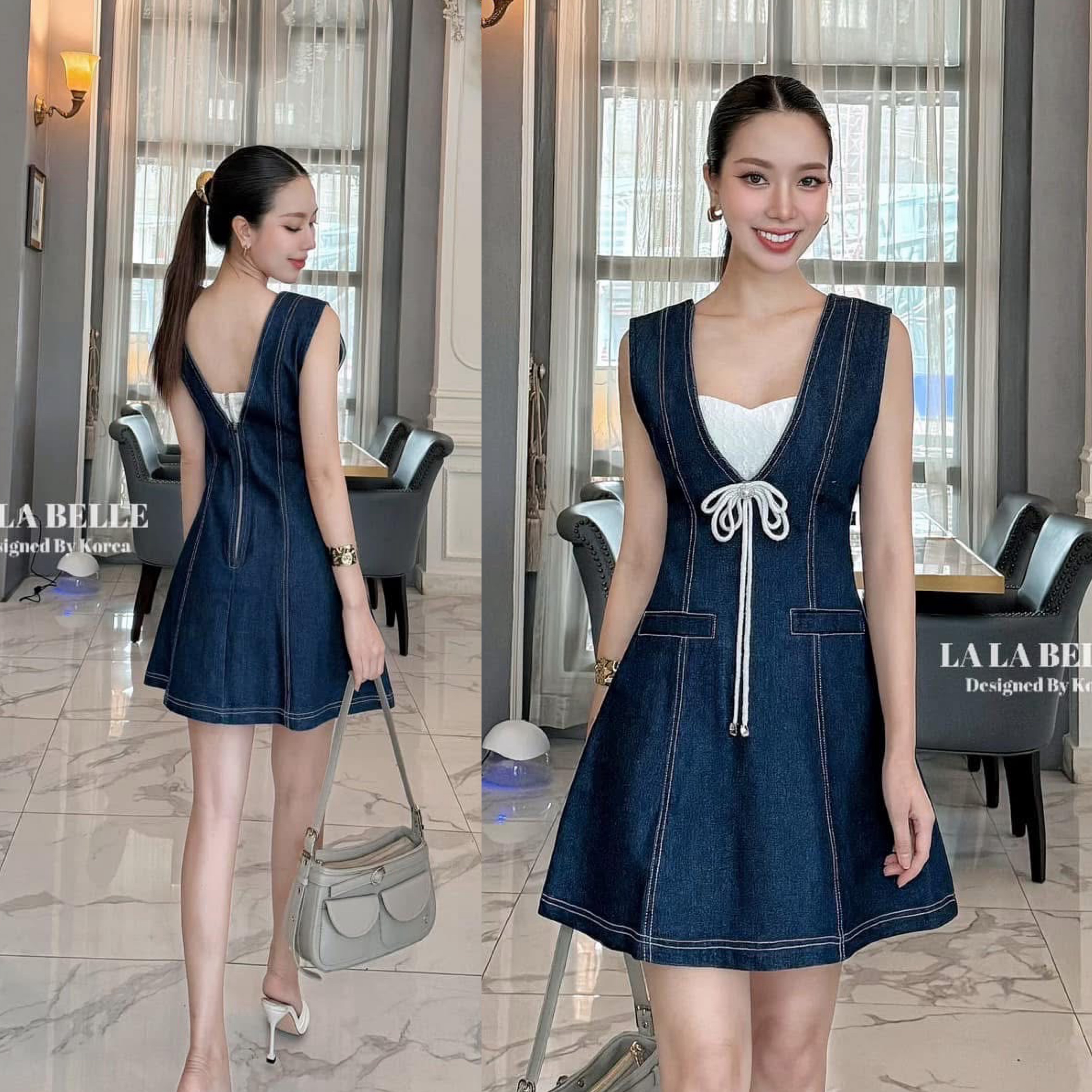 เซต3ชิ้น มินิเดรสยีนส์ทรงเอี้ยมคอวีซืปหลัง+บราลูกไม้สายเดี่ยว+เข็มกลัดโบว์ ใส่สบาย : สินค้าคุณภาพ (พร้อมส่ง)