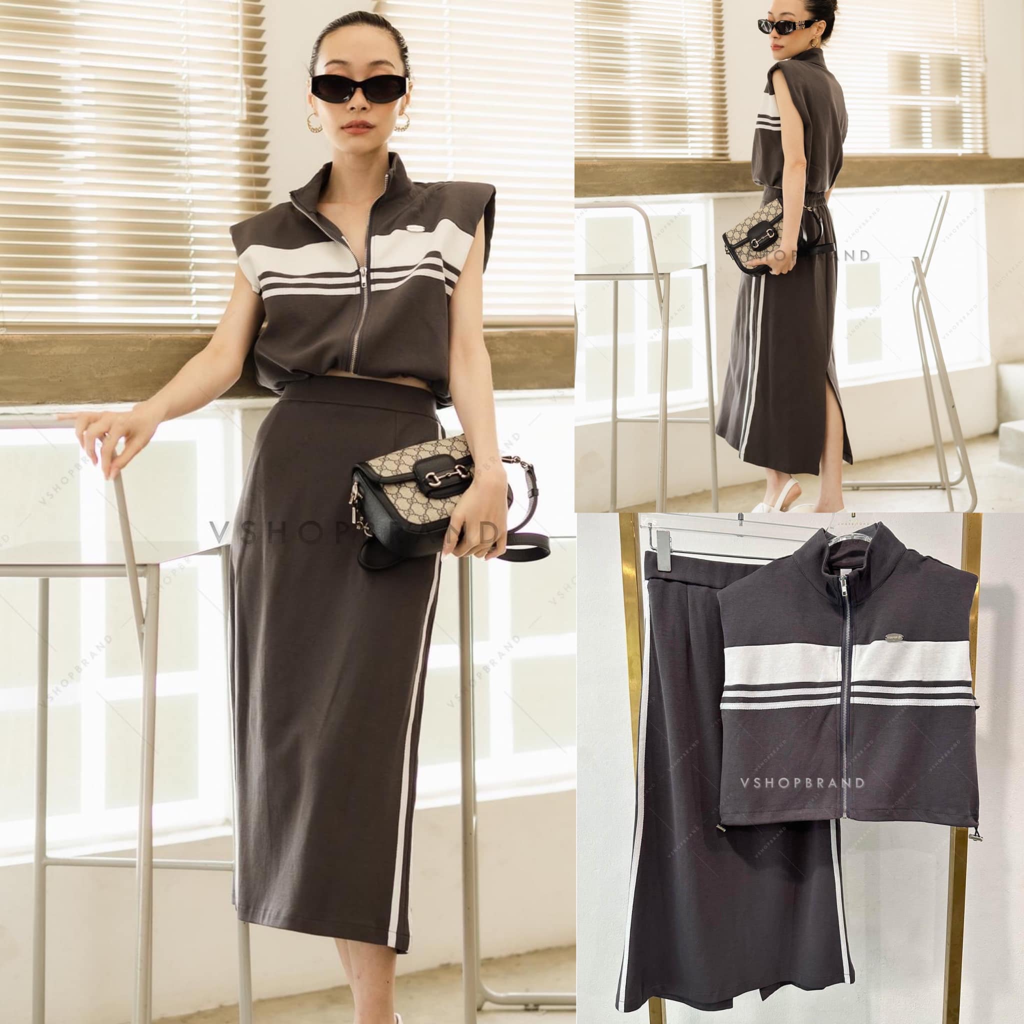 SET เสื้อแขนกุดซิปหน้า แถบอก + กระโปรงยาวผ่าหลัง สินค้าคุณภาพ (พร้อมส่ง)