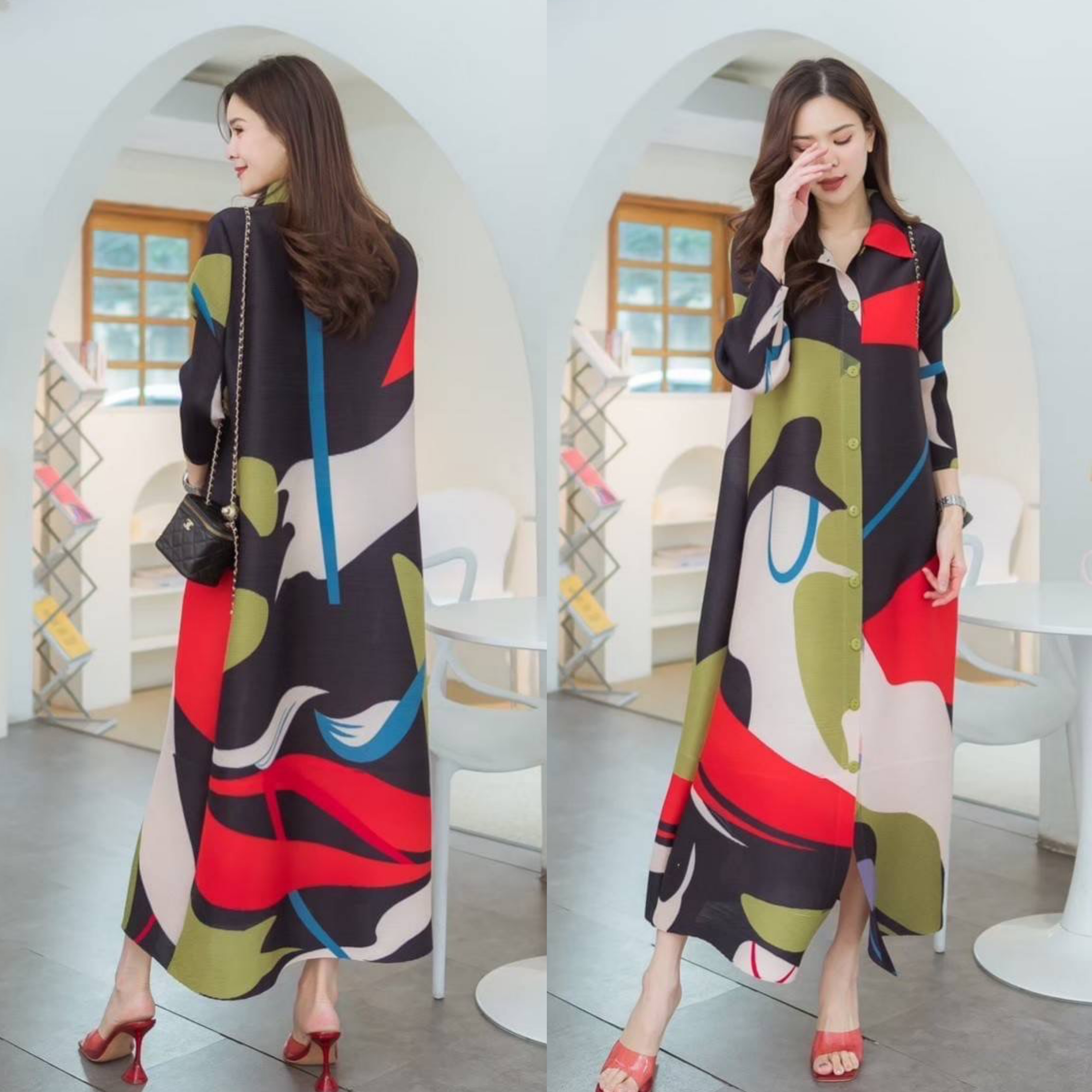 เดรสตัวยาวอัดพลีท คอปก กระดุมหน้า แขนยาว งานสวย เกรด Premium ผ้าลายกราฟฟิคเริ่ดๆ 👍🏻 สินค้าคุณภาพ (พร้อมส่ง)