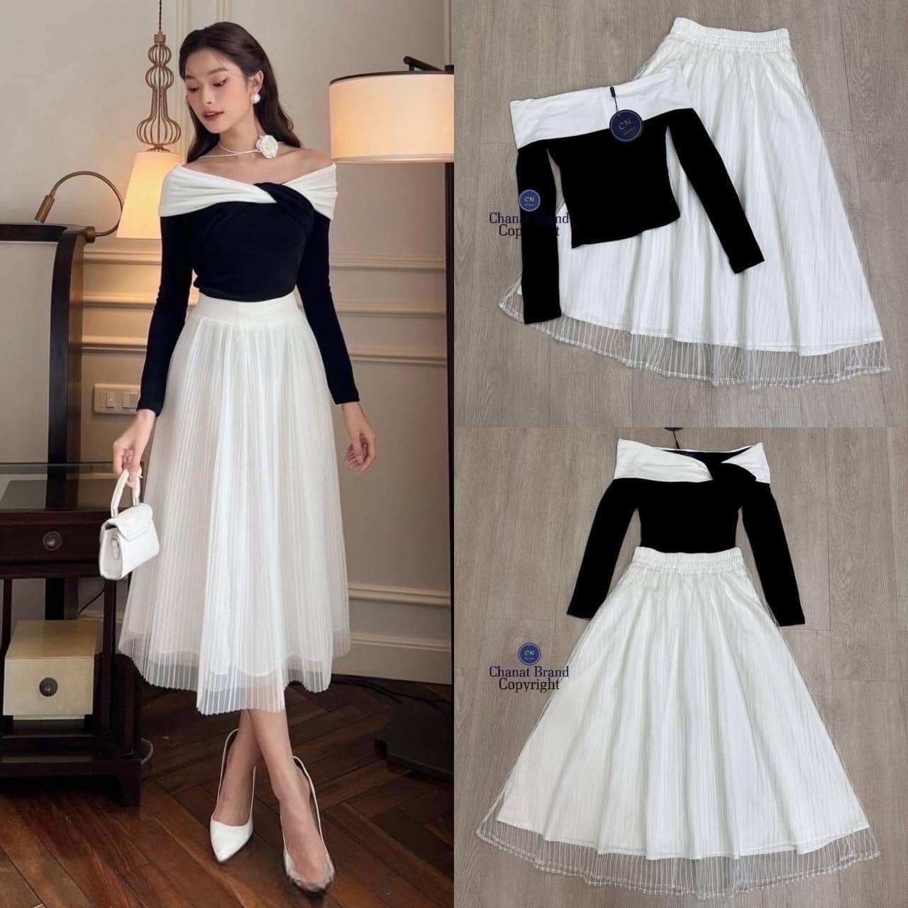 Set 2 ชิ้น เสื้อยืดสีดำดีเทลปาดไหล่บิดเกี่ยวสลับสีขาว(ผ้ายืดเรย่อน) ทรงสวยเข้ารูปน่ารักมากๆค่า มาคู่กับกระโปรงยาวสีขาวผ้าซีทรู เย็บซับในอย่างดี(เอวสม็อคยางยืด) ใส่สบาย สินค้าคุณภาพ (พร้อมส่ง)