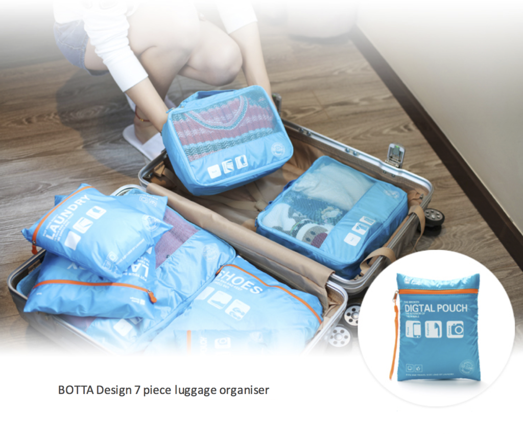 Botta Design กระเป๋าจัดระเบียบเดินทาง 7 ใบ ผลิตจากโพลีเอสเตอร์กันน้ำคุณภาพดี สำหรับจัดระเบียบเสื้อผ้า กางเกง ชุดชั้นใน กางเกงใน อุปกรณ์ไอที มี 6 สี
