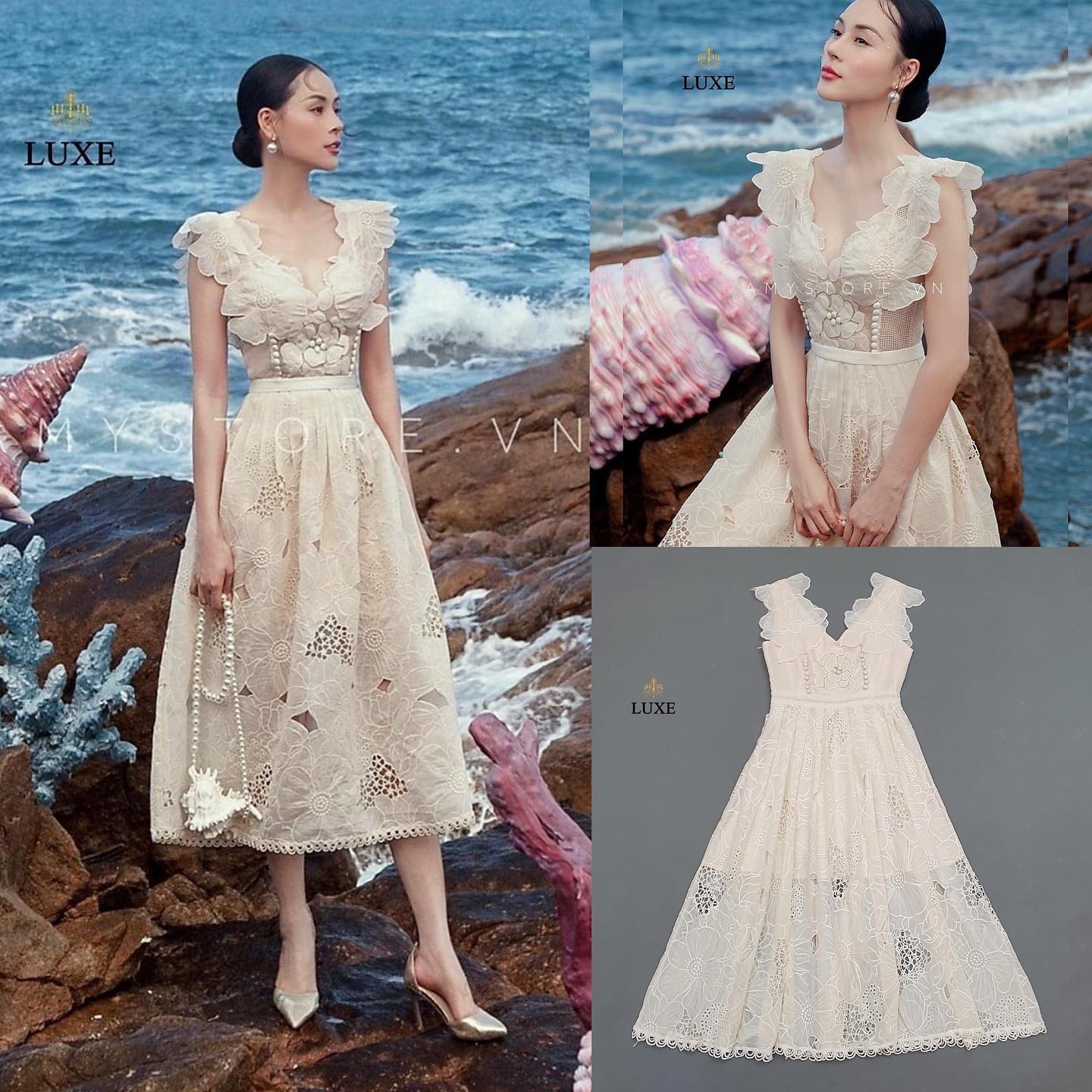 เดรสเสื้อคอวีแขนกุด กระโปรงบานจีบรอบ แต่งกระดุมปั๊มและผ้าฉลุรูปดอกไม้ สินค้าคุณภาพ (พร้อมส่ง)