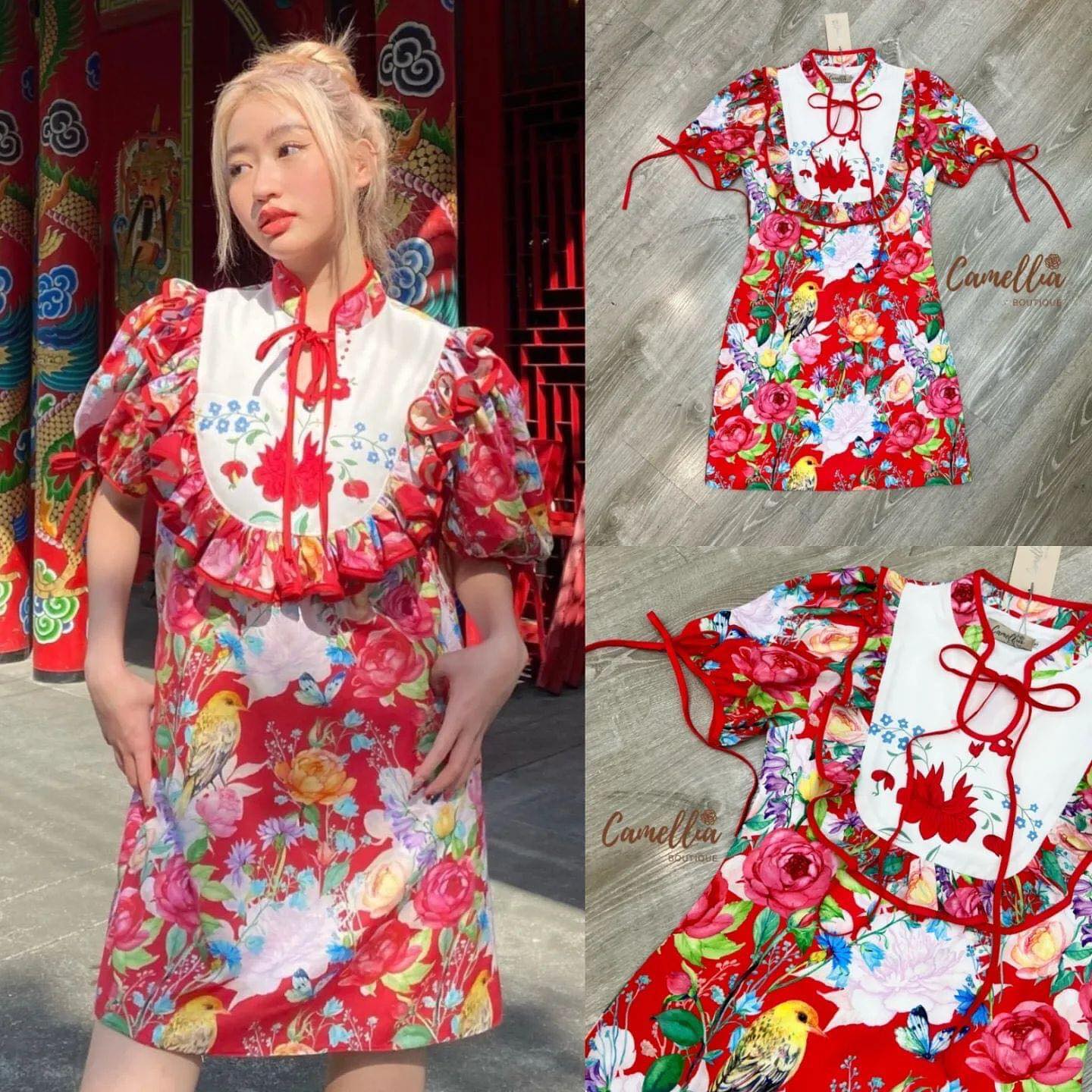 เดรสกี่เพ้าคอระบายผูกโบที่ช่วงคอ และที่แขน งานผ้าพิมลายทั้งตัวมีซับและ ซิปด้านข้าง สวยน่ารัก สินค้าคุณภาพ (พร้อมส่ง)